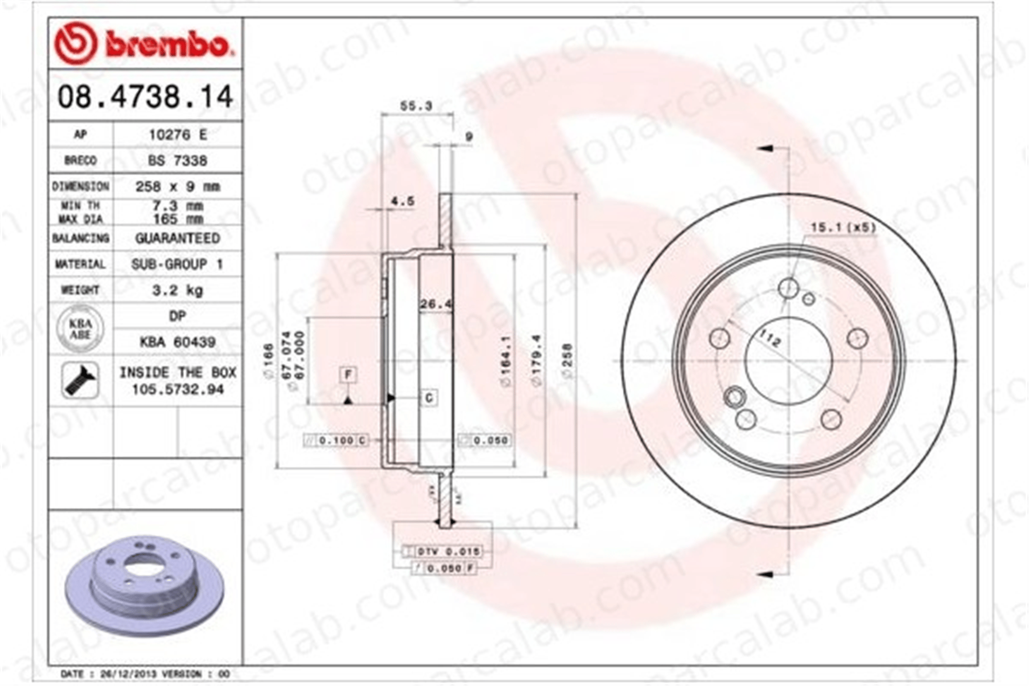 BREMBO 08.4738.14 Fren Disk Ayna Arka Sağ ve Sol MERCEDES-BENZ 124 Sedan 190 A2014231212 2014230912