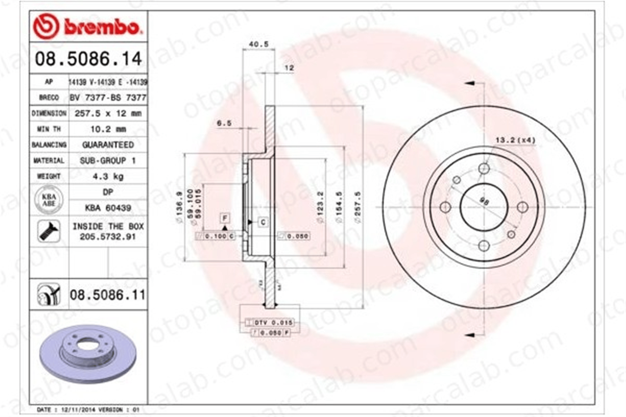 BREMBO 08.5086.14 Fren Disk Ayna Ön Sağ ve Sol FIAT PANDA LANCIA YPSILON 46820655 71738373