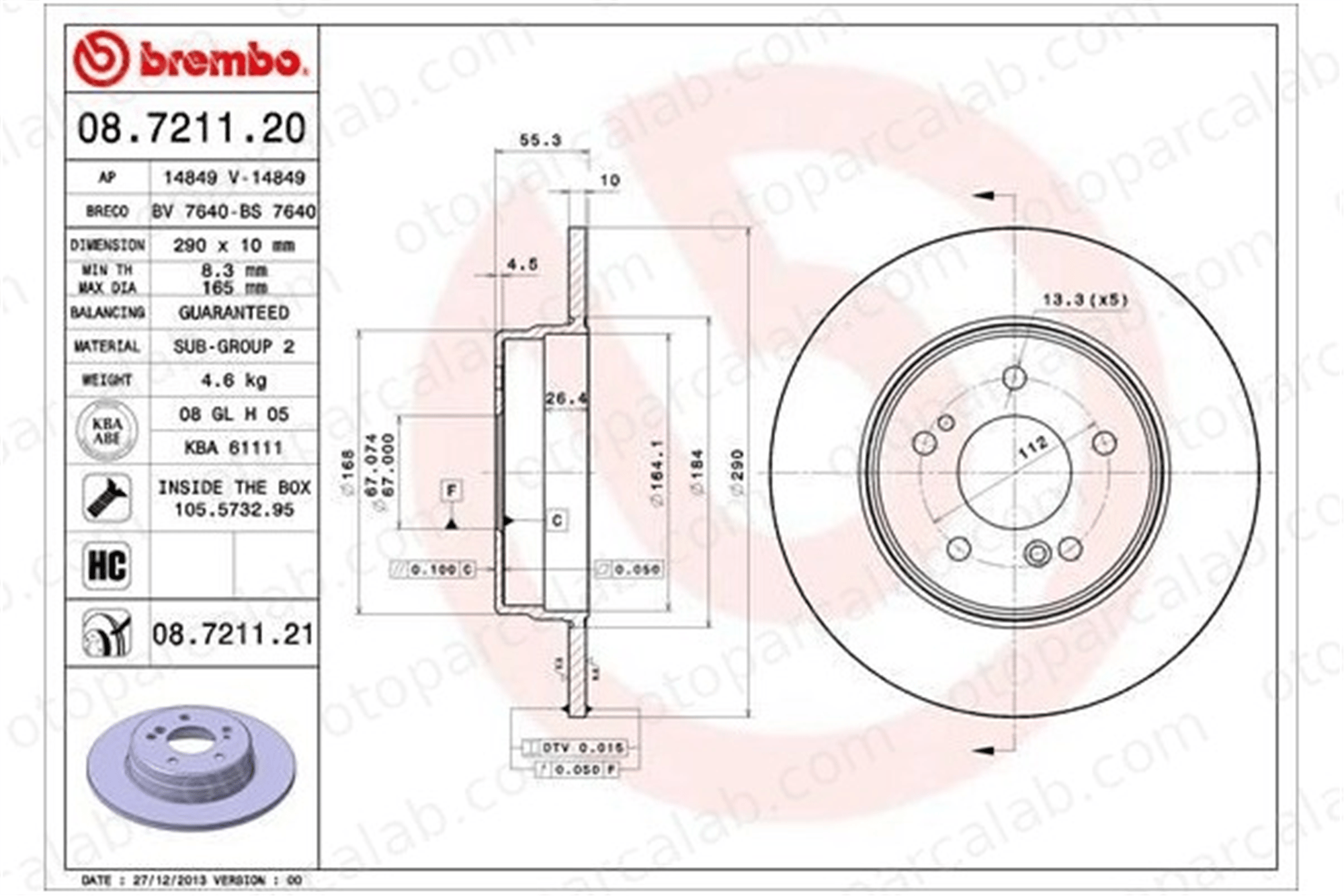 BREMBO 08.7211.21 Fren Disk Ayna Arka Sağ ve Sol MERCEDES-BENZ C-SERISI T-Model C-SERISI A2104231012 1244231112