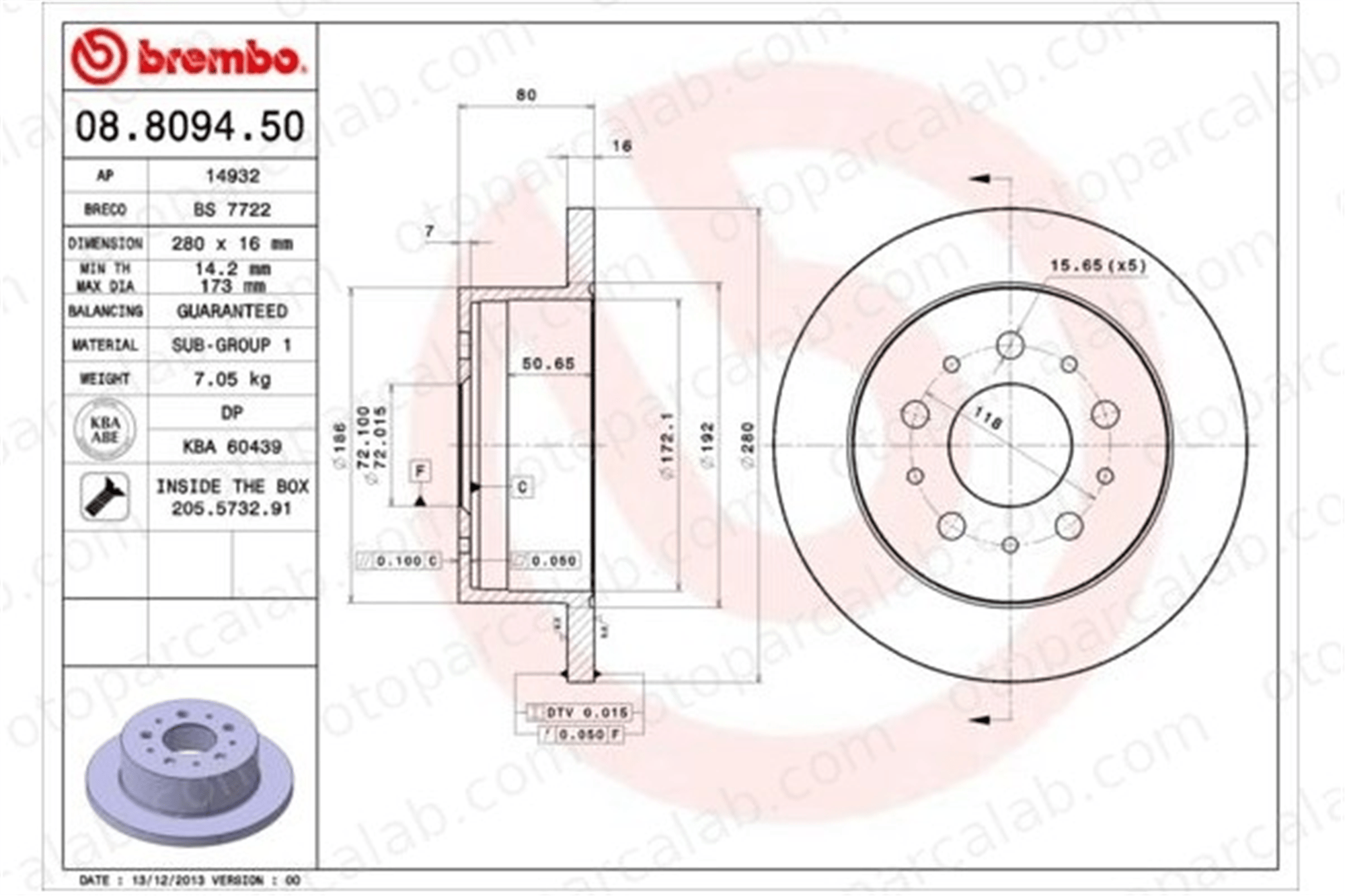 BREMBO 08.8094.50 Fren Disk Ayna Arka Sağ ve Sol FIAT DUCATO Panelvan/Van CITROËN JUMPER Panelvan/Van 1673602180 51749274