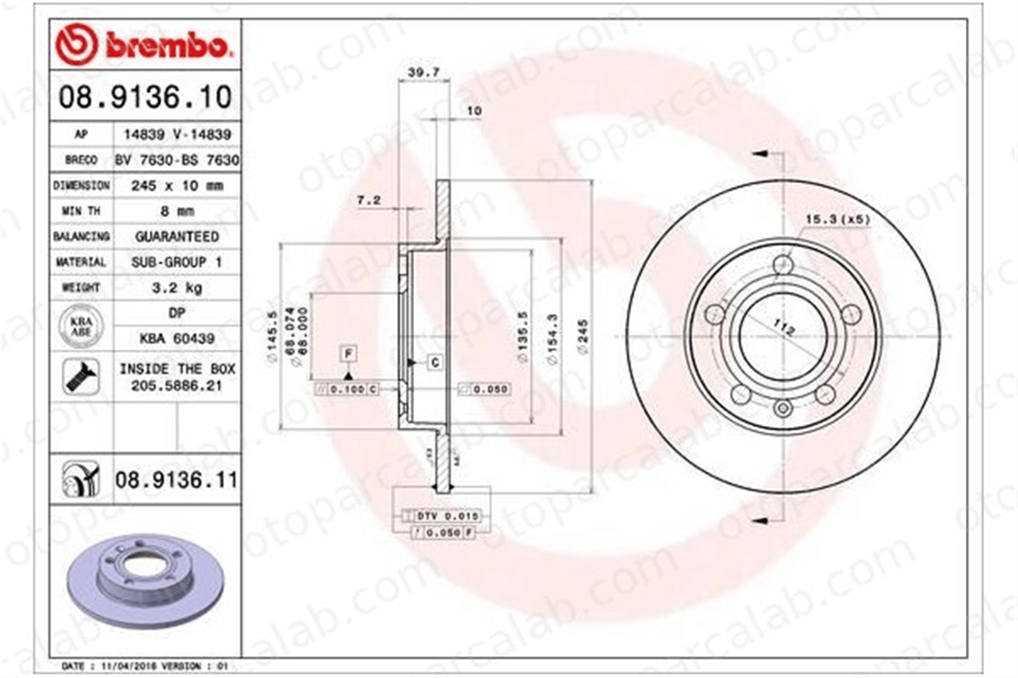 BREMBO 08.9136.10 Fren Disk Ayna Arka Sağ ve Sol AUDI A4 B7 A4 B6 8E0615601P 8E0615601B