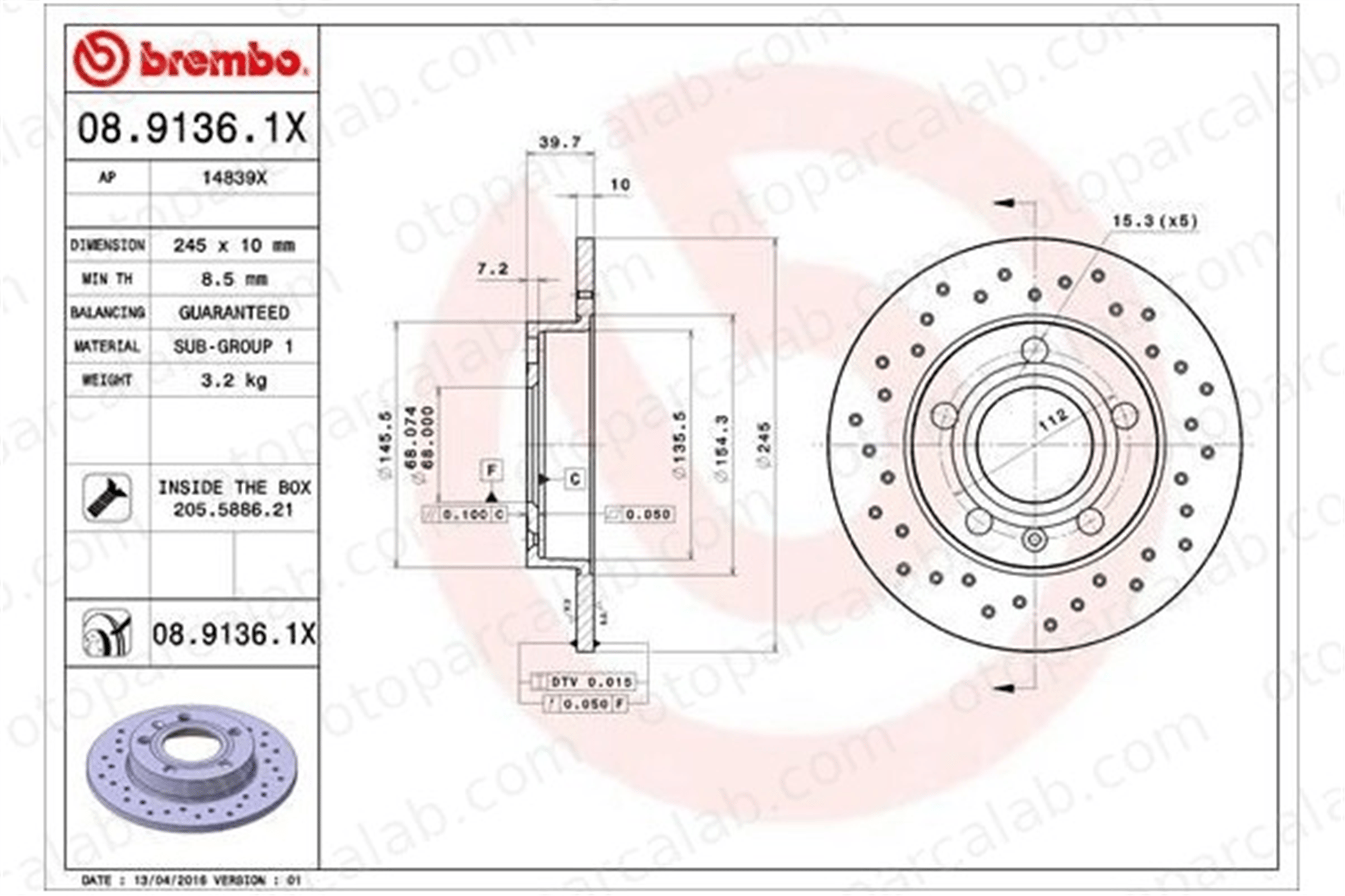 BREMBO 08.9136.1X Fren Disk Ayna Arka Sağ ve Sol AUDI A4 B7 A4 B6 8E0615601P 8E0615601B