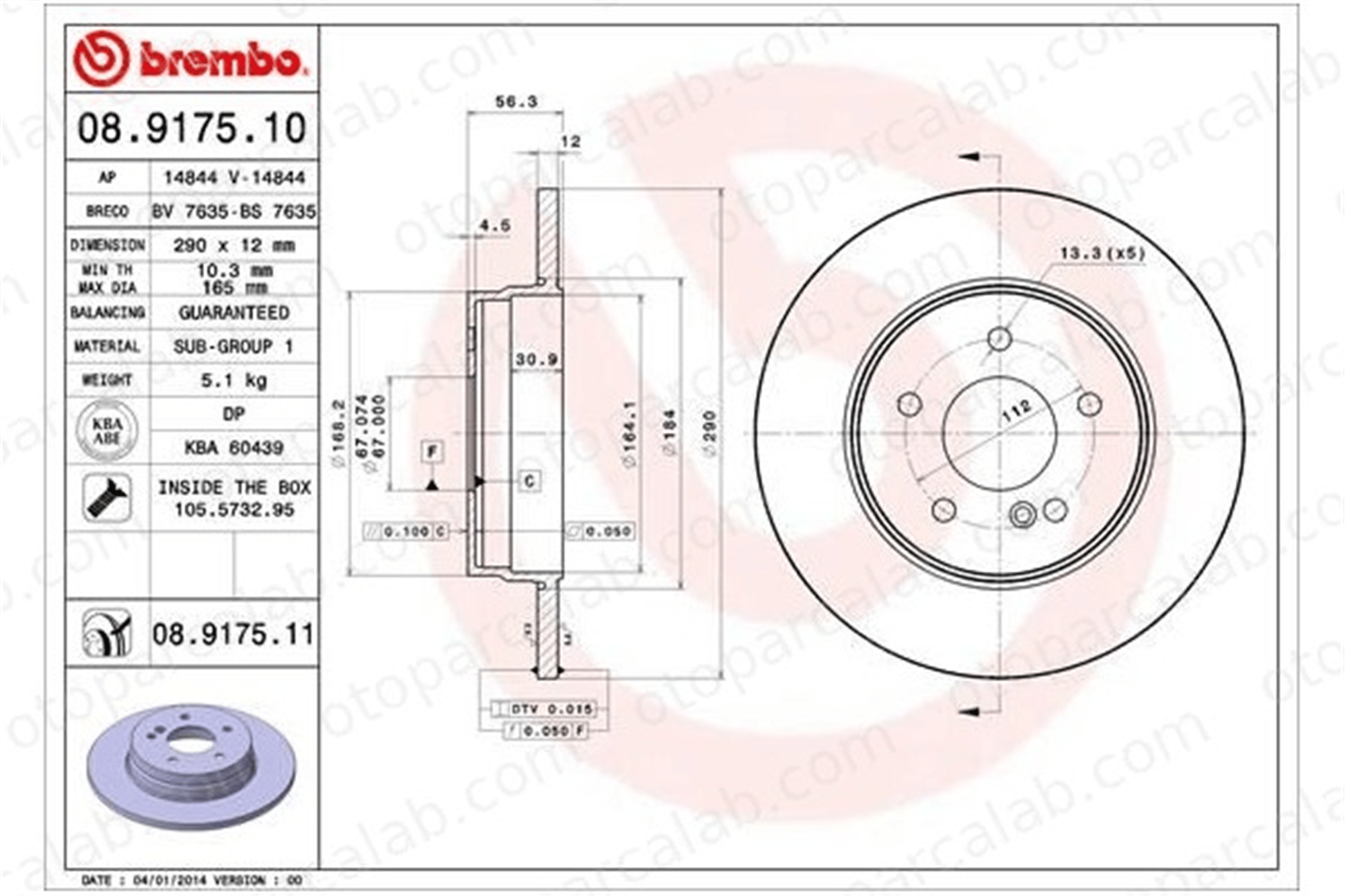 BREMBO 08.9175.11 Fren Disk Ayna Arka Sağ ve Sol MERCEDES-BENZ E-SERISI T-Model E-SERISI Platform şasi A2104230512 2104230512