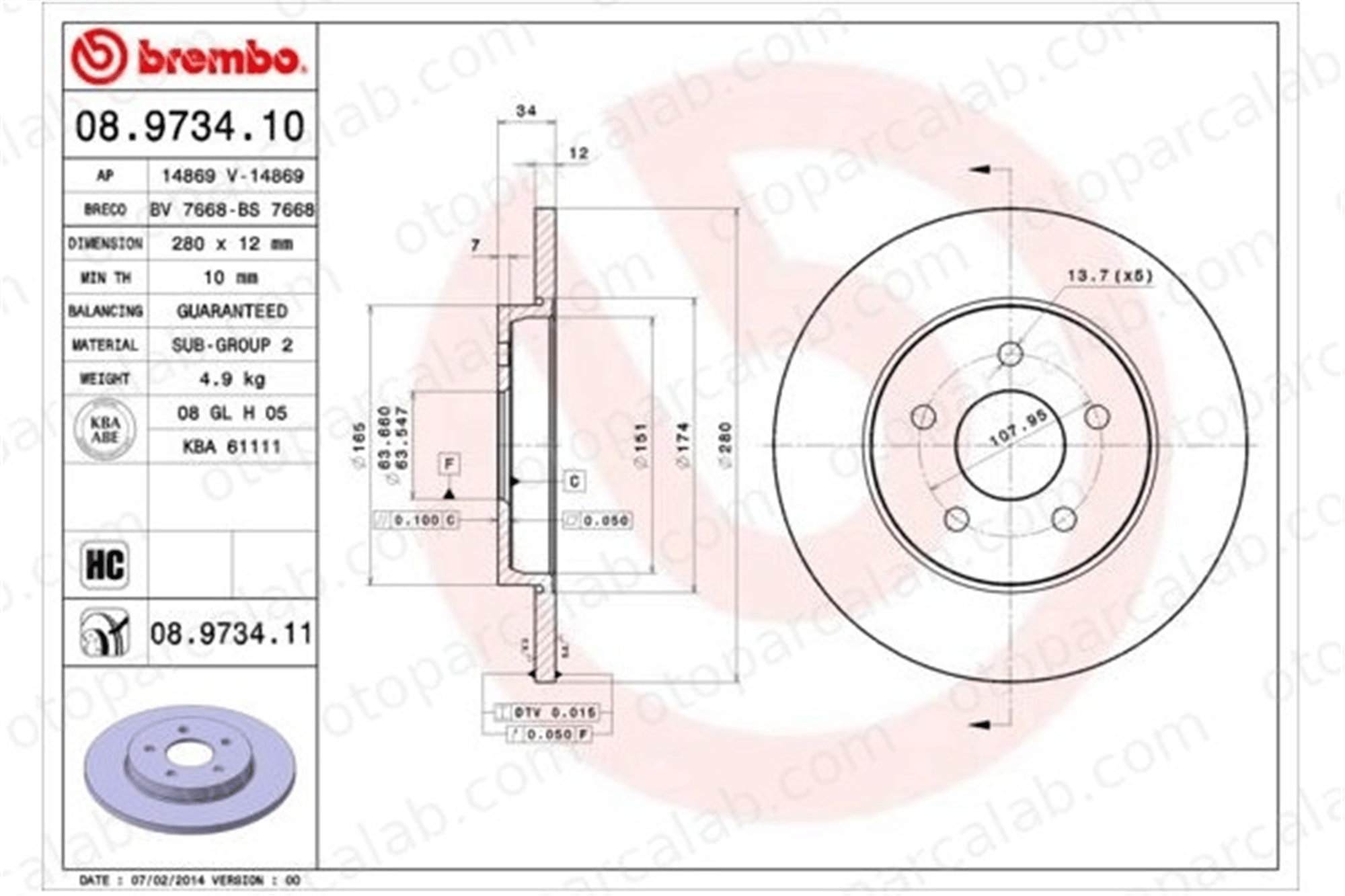 BREMBO 08.9734.11 Fren Disk Ayna Arka Sağ ve Sol FORD MONDEO III Sedan MONDEO III 7S712A315BA 1323102