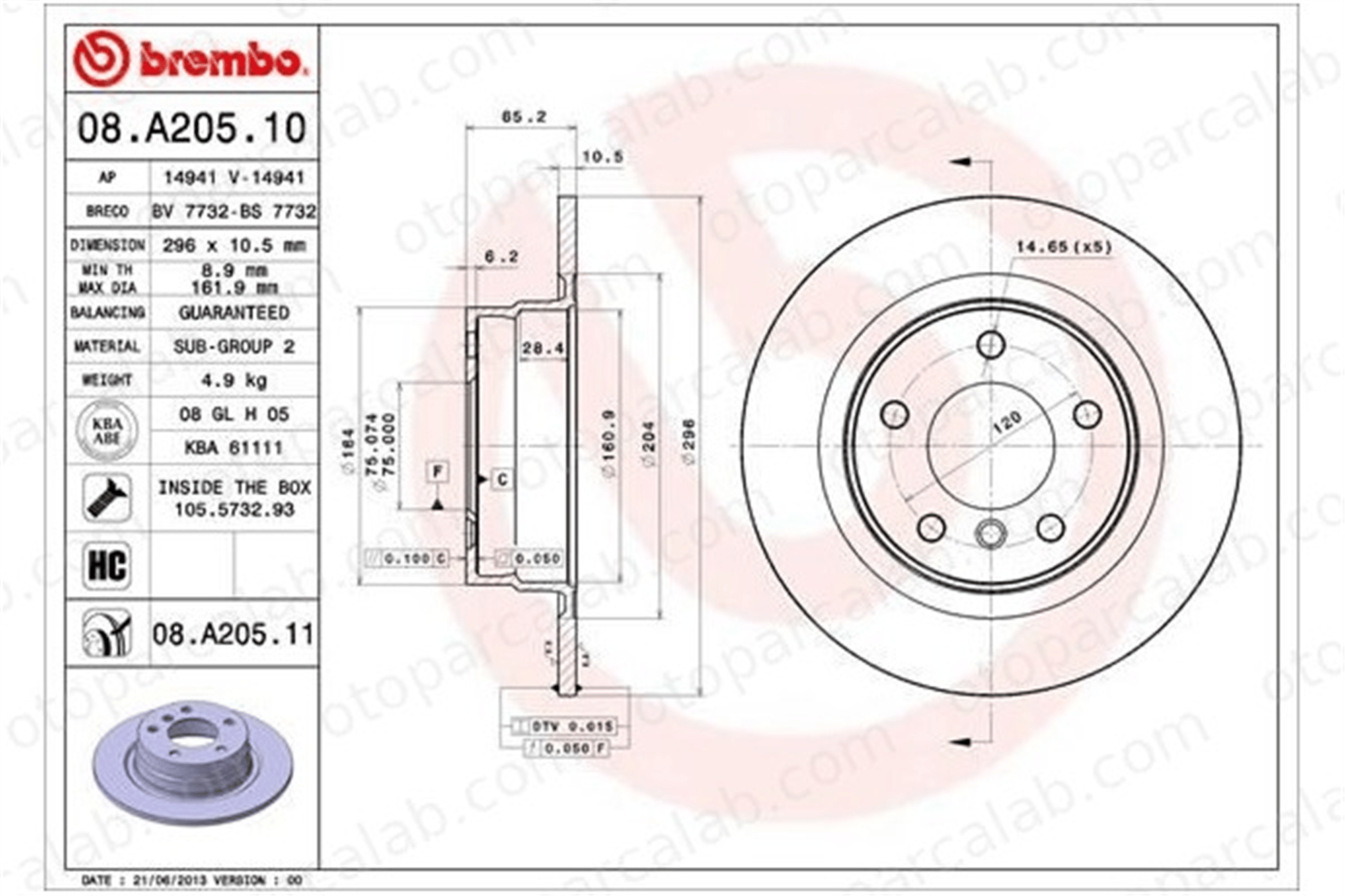 BREMBO 08.A205.11 Fren Disk Ayna Arka Sağ ve Sol BMW 1 3 34216855002 34214031275