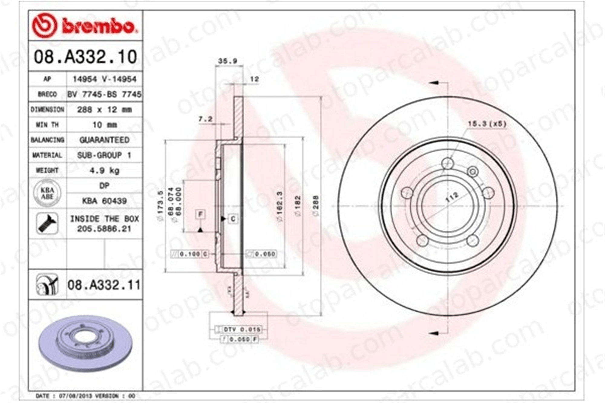BREMBO 08.A332.11 Fren Disk Ayna Arka Sağ ve Sol AUDI A4 B7 A4 B7 Avant 8E0615601M