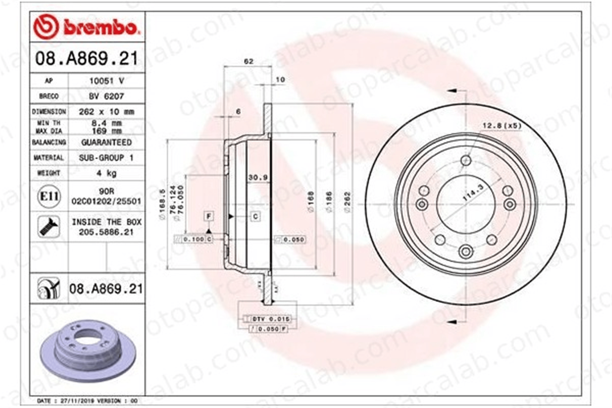 BREMBO 08.A869.21 Fren Disk Ayna Arka Sağ ve Sol HYUNDAI SONATA V SONATA VI 584113S000 58411B3000