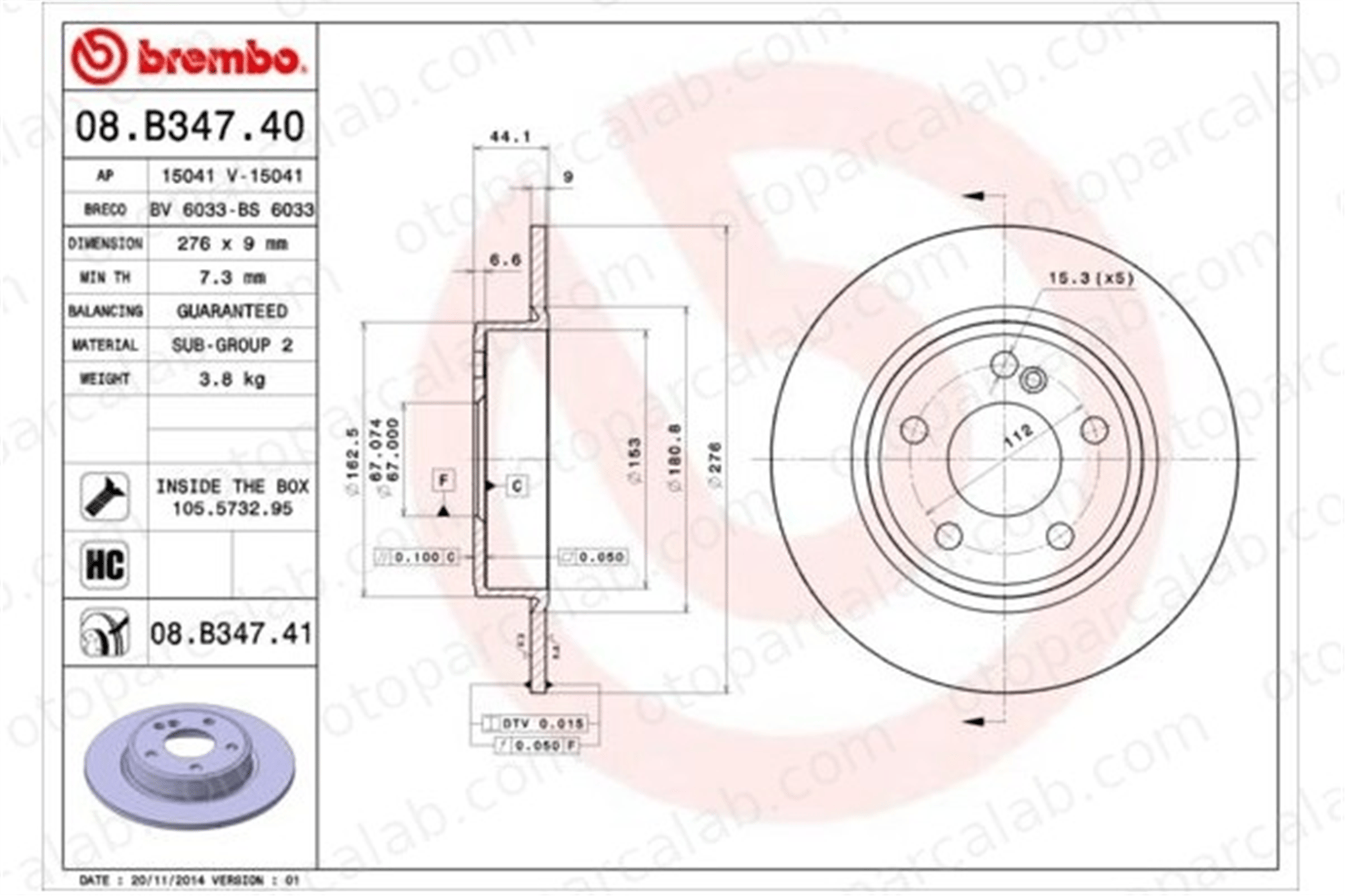 BREMBO 08.B347.40 Fren Disk Ayna Arka Sağ ve Sol MERCEDES-BENZ A-SERISI B-SERISI Sports Tourer A2464230012 2464230012