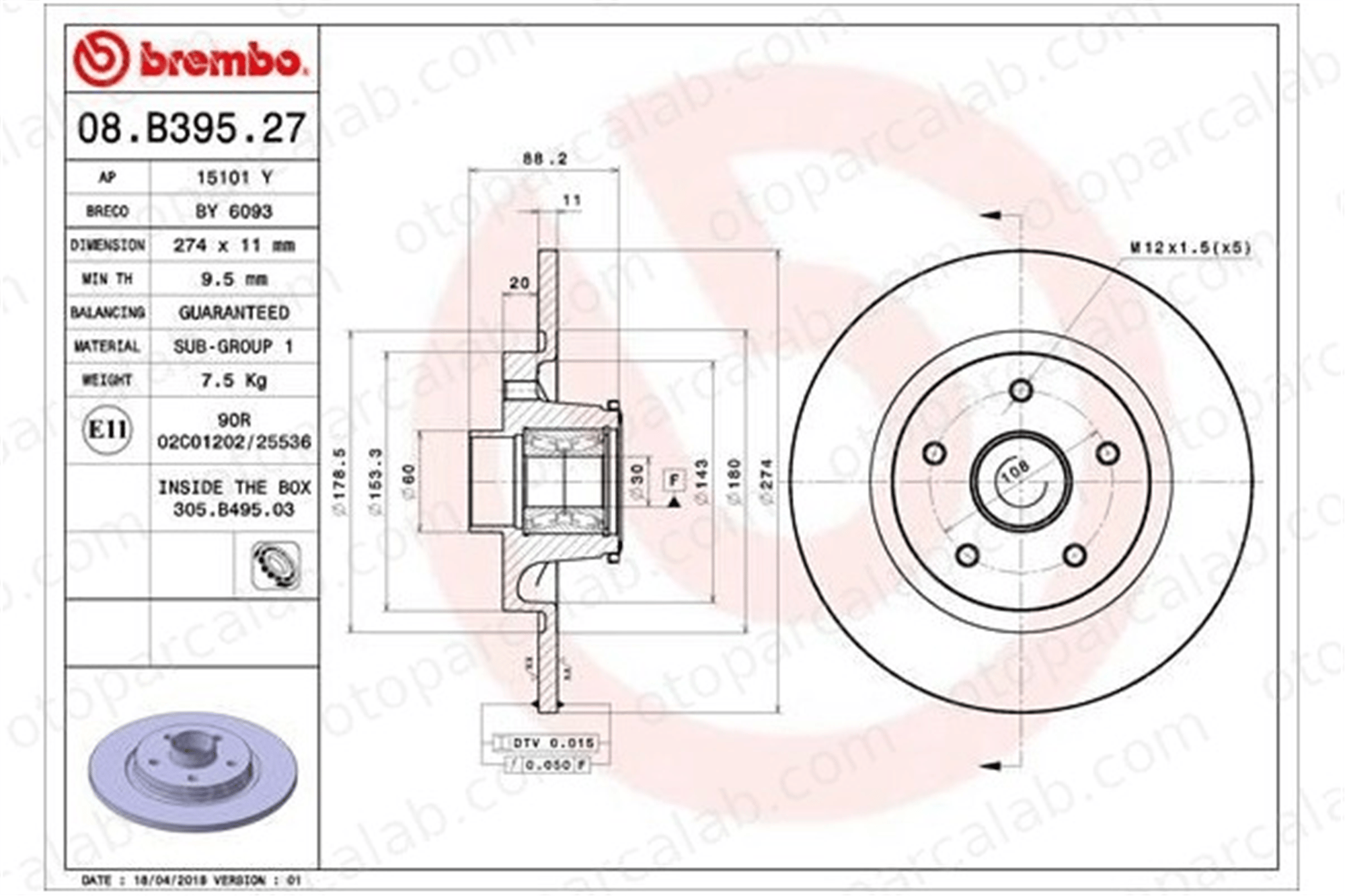 BREMBO 08.B395.27 Fren Disk Ayna Arka Sağ ve Sol RENAULT KANGOO / GRAND KANGOO II KANGOO Express A4154200302 432025057R