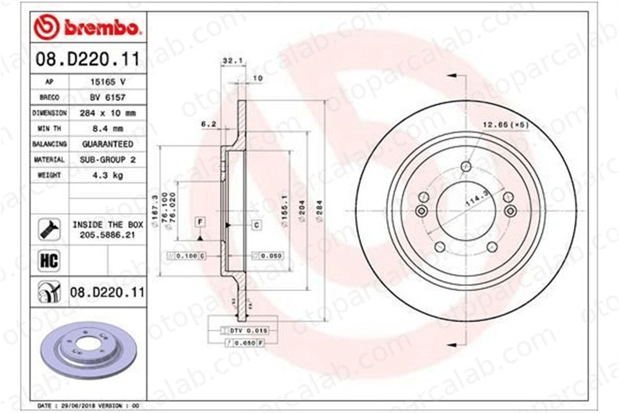 BREMBO 08.D220.11 Fren Disk Ayna Arka Sağ ve Sol HYUNDAI i30 i30 Station wagon 584113V500 584113Q000