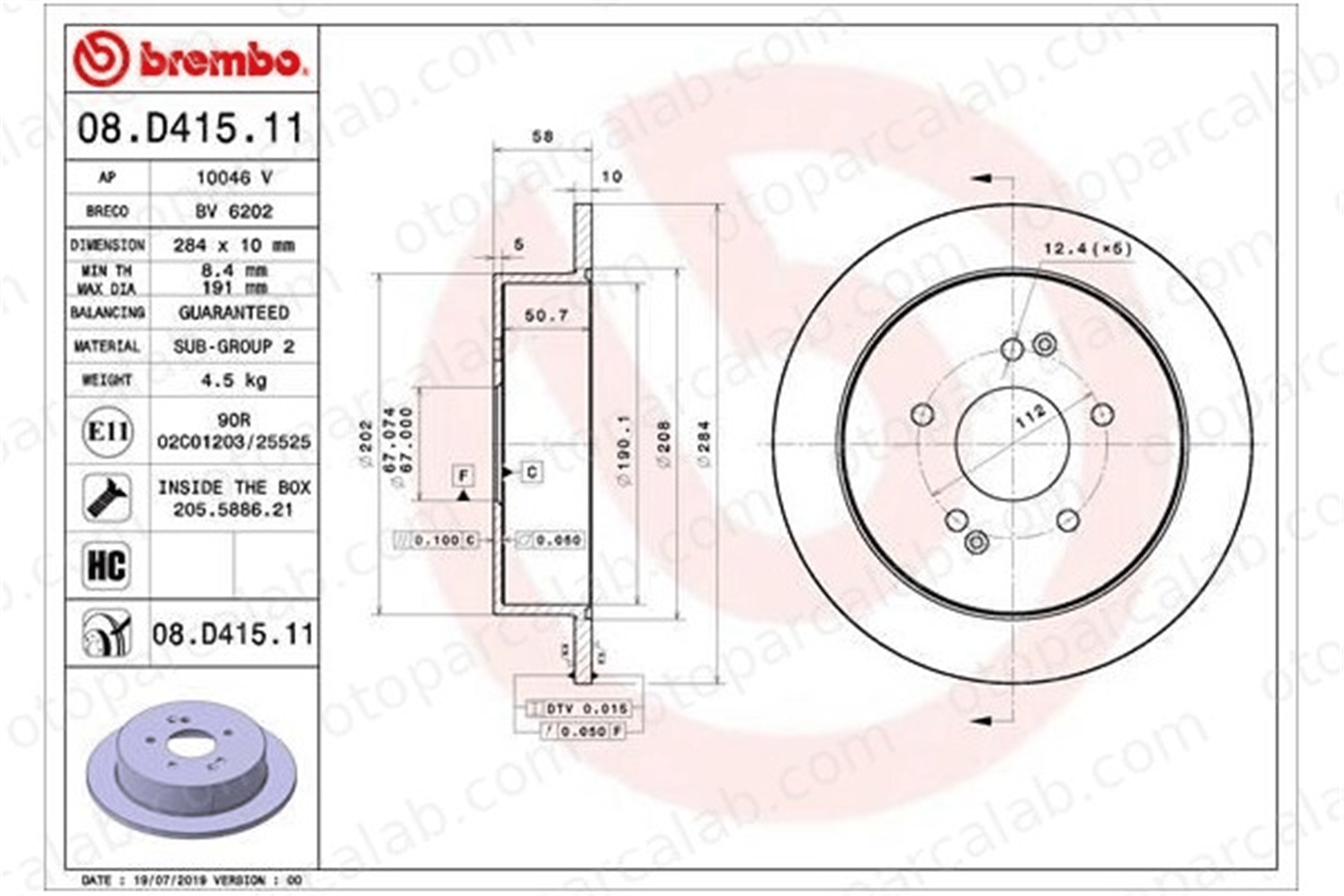 BREMBO 08.D415.11 Fren Disk Ayna Arka Sağ ve Sol SSANGYONG KORANDO TIVOLI 4840135101 4840134100
