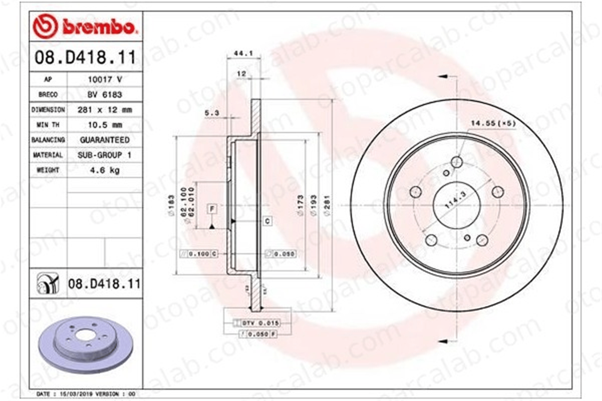 BREMBO 08.D418.11 Fren Disk Ayna Arka Sağ ve Sol TOYOTA CAMRY RAV 4 V 4243178010 4243106180