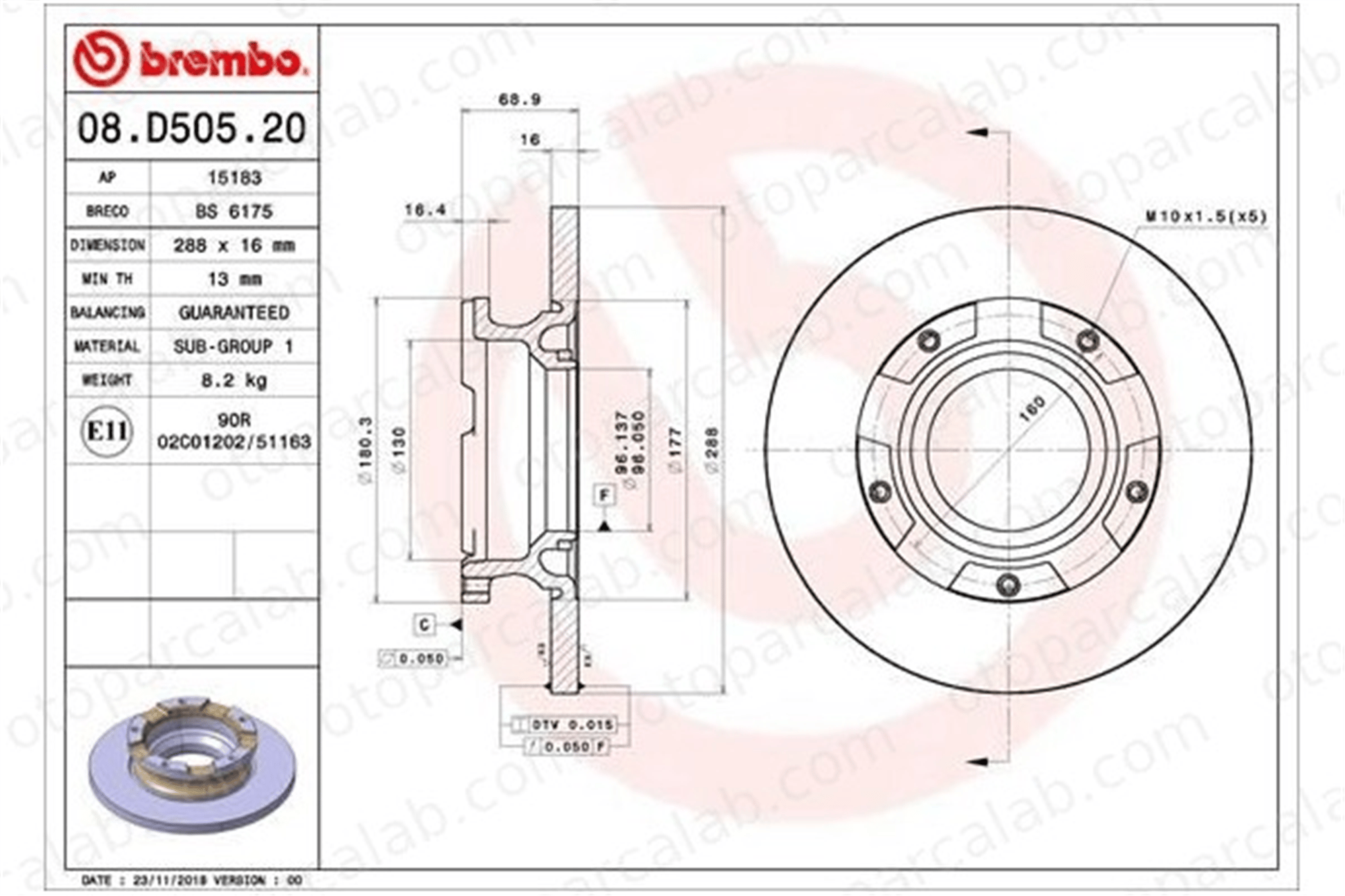 BREMBO 08.D505.20 Fren Disk Ayna Arka Sağ ve Sol FORD TRANSIT CUSTOM V362 Minibüs/Otobüs TRANSIT CUSTOM V362 Panelvan/Van BK212A097BA BK212A097FA