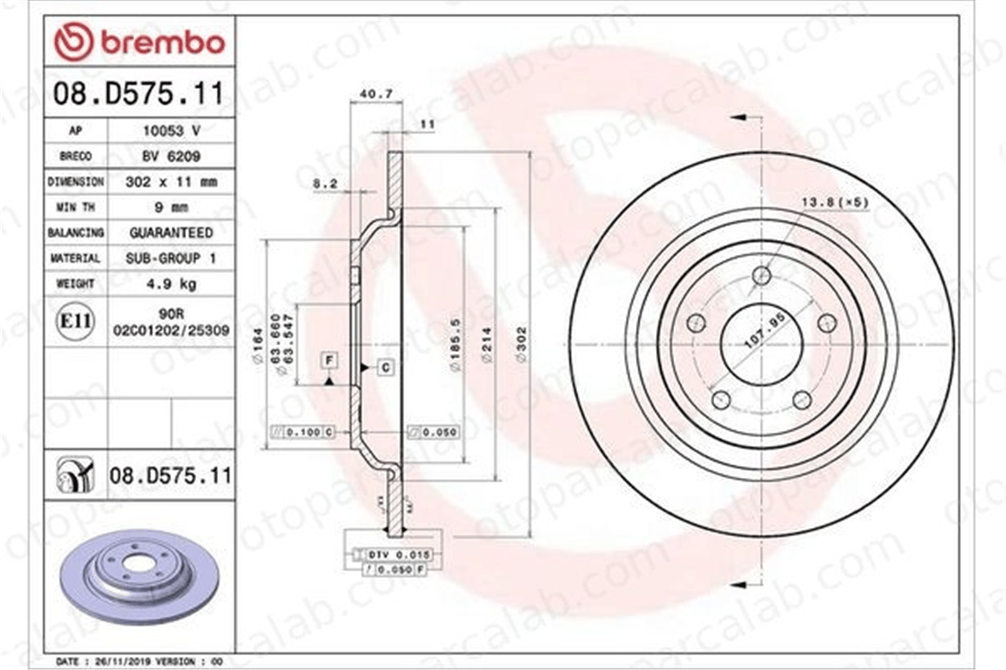 BREMBO 08.D575.11 Fren Disk Ayna Arka Sağ ve Sol FORD FOCUS IV FOCUS IV Turnier JX612A315BEA 1936154