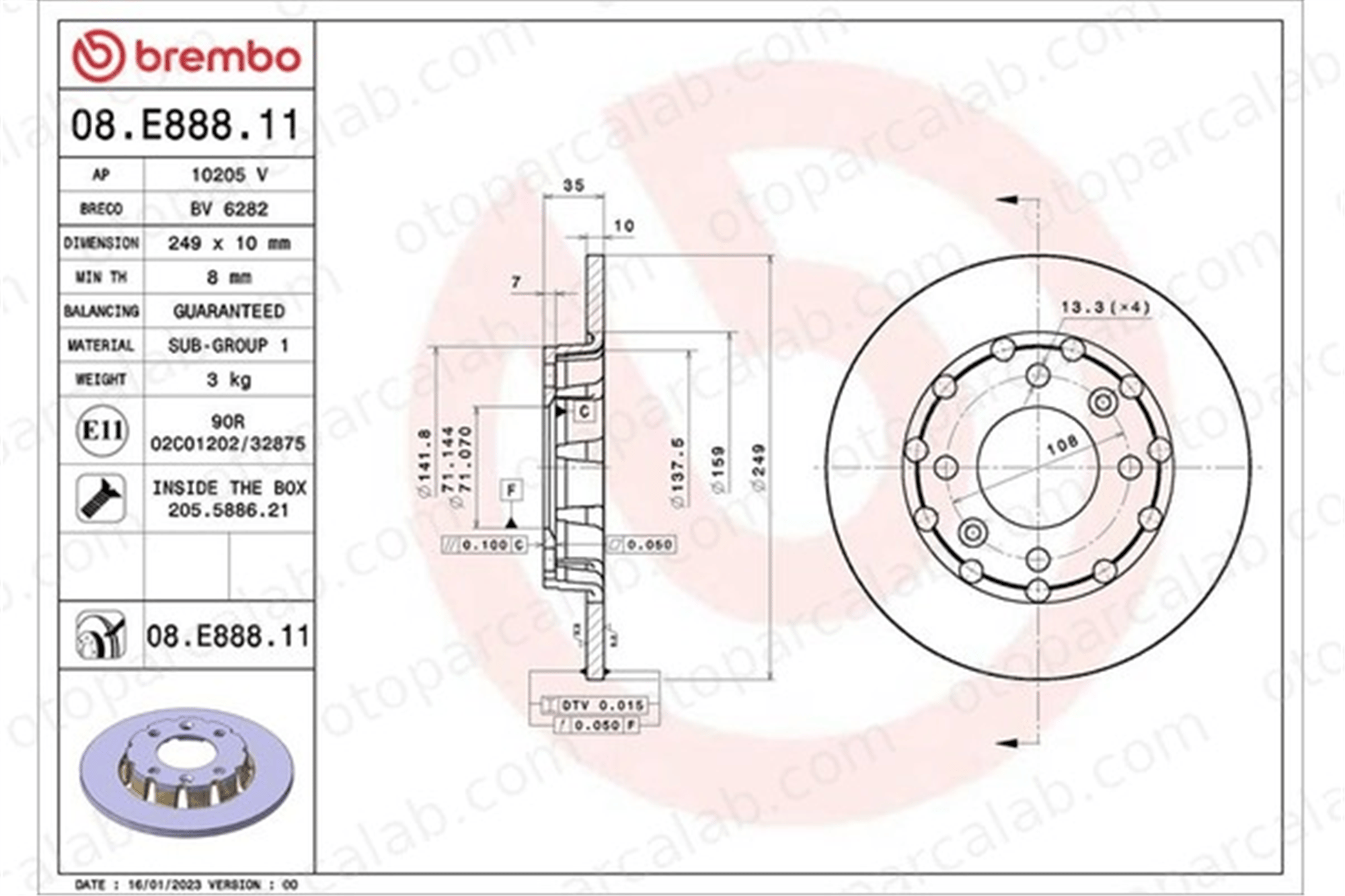 BREMBO 08.E888.11 Fren Disk Ayna Arka Sağ ve Sol PEUGEOT 208 II 2008 II 1643574180