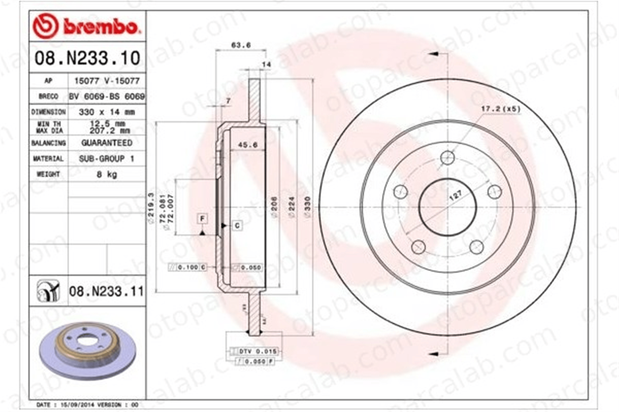 BREMBO 08.N233.11 Fren Disk Ayna Arka Sağ ve Sol JEEP GRAND CHEROKEE IV DODGE DURANGO 52124763AB 52124763AC