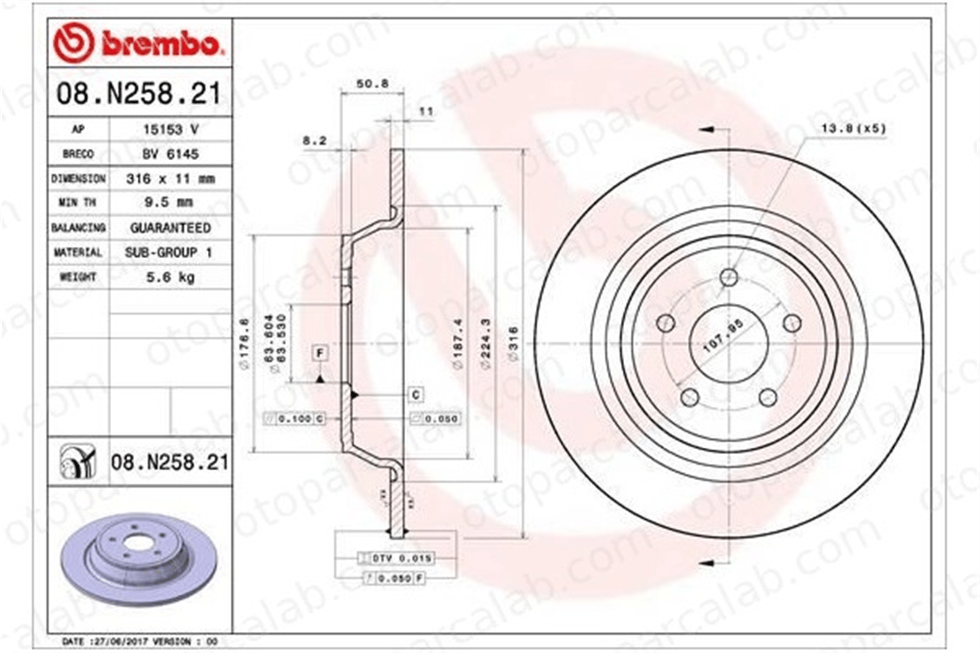 BREMBO 08.N258.21 Fren Disk Ayna Arka Sağ ve Sol FORD KUGA II MONDEO V Turnier DG9C2A315CD 2008440