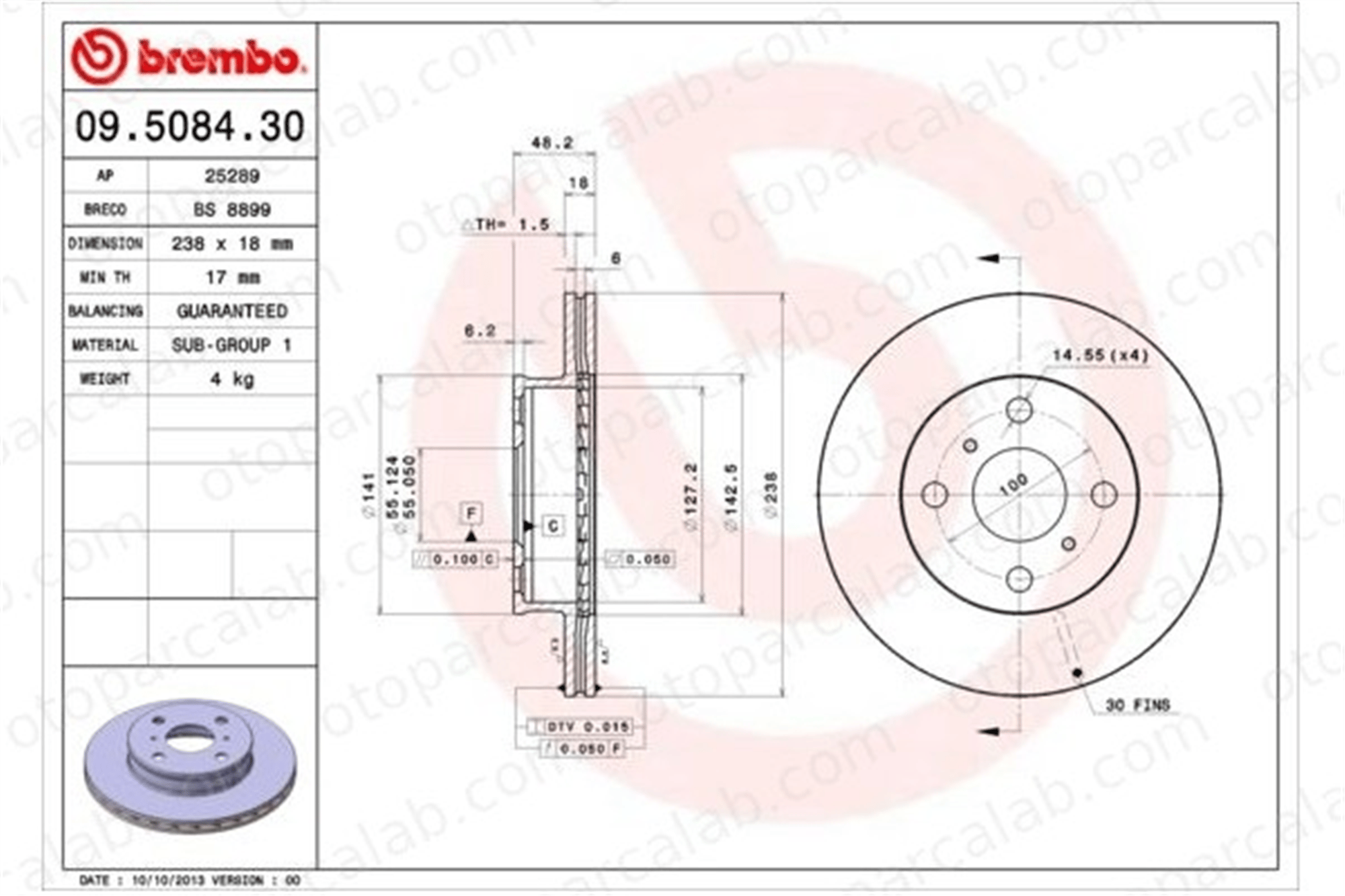 BREMBO 09.5084.30 Fren Disk Ayna Ön Sağ ve Sol TOYOTA COROLLA COROLLA Liftback 4351212330 4351212290