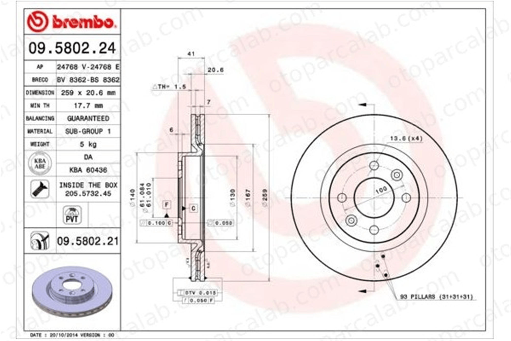 BREMBO 09.5802.24 Fren Disk Ayna Ön Sağ ve Sol RENAULT CLIO II KANGOO Express 402062984R 7701206339