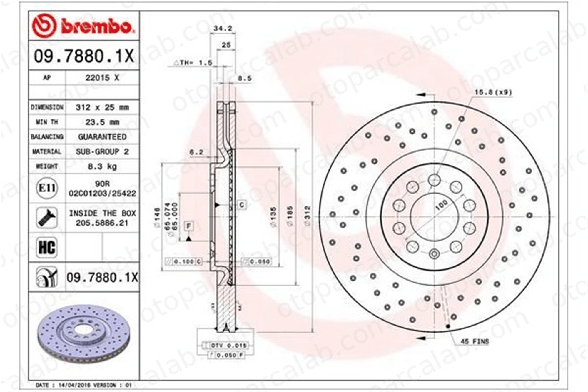 BREMBO 09.7880.1X Fren Disk Ayna Ön Sağ ve Sol SEAT LEON VW GOLF IV 6R0615301B 8L0615301
