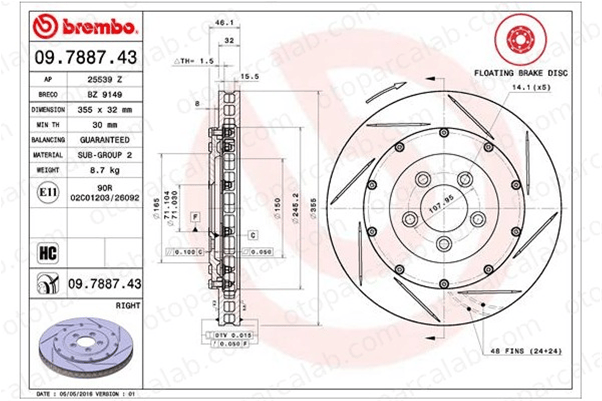 BREMBO 09.7887.43 Fren Disk Ayna Ön Sağ ve Sol ASTON MARTIN VANQUISH Vantage 4R12280456AA
