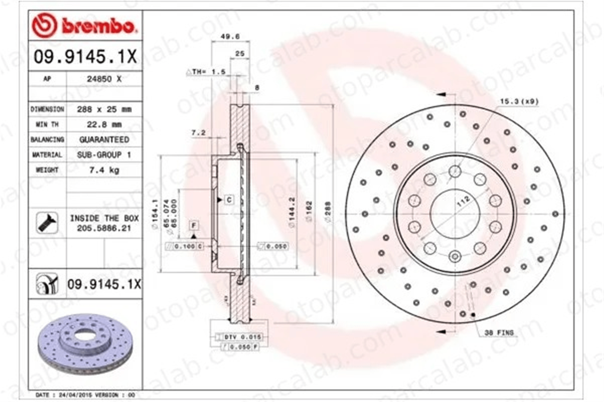 BREMBO 09.9145.1X Fren Disk Ayna Ön Sağ ve Sol AUDI A3 Sportback SEAT LEON 1K0615301T 1K0615301K