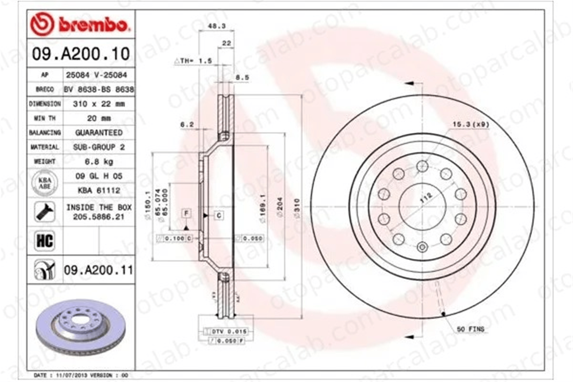 BREMBO 09.A200.11 Fren Disk Ayna Arka Sağ ve Sol AUDI A3 Sportback A3 Limousine 1K0615601N 5Q0615601E
