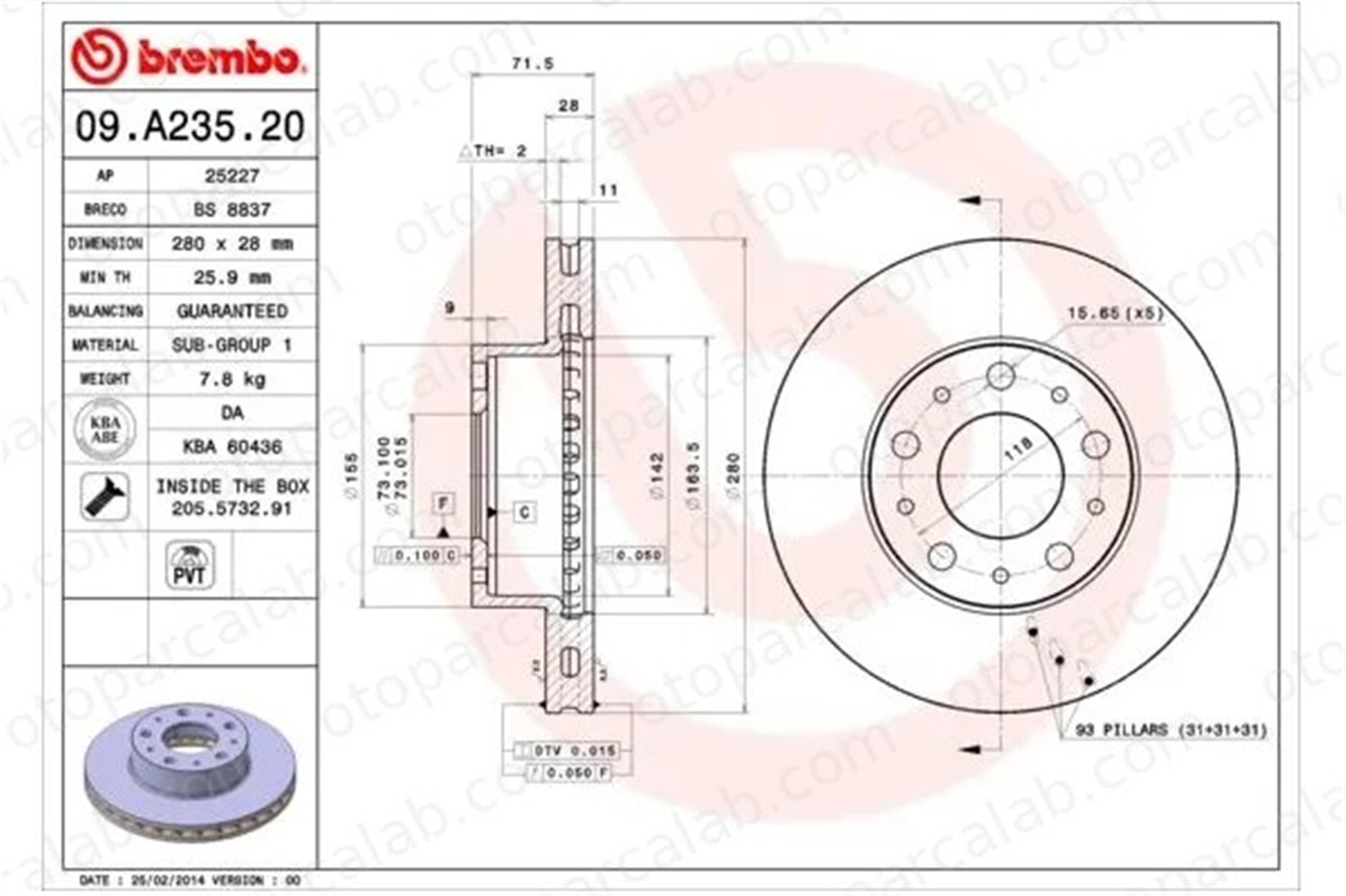 BREMBO 09.A235.20 Fren Disk Ayna Ön Sağ ve Sol CITROËN JUMPER Panelvan/Van JUMPER Minibüs/Otobüs 4249K2 1612435180