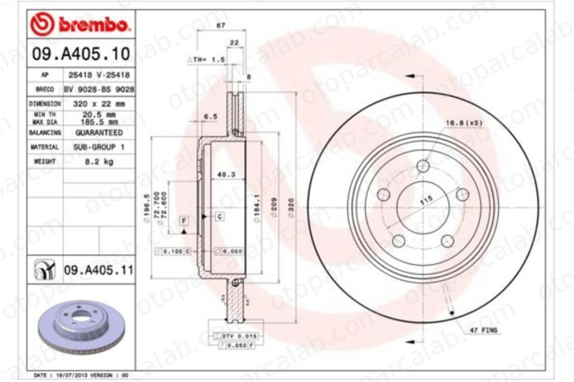 BREMBO 09.A405.11 Fren Disk Ayna Arka Sağ ve Sol CHRYSLER 300C 300C Touring K04779209AE 4779209AA