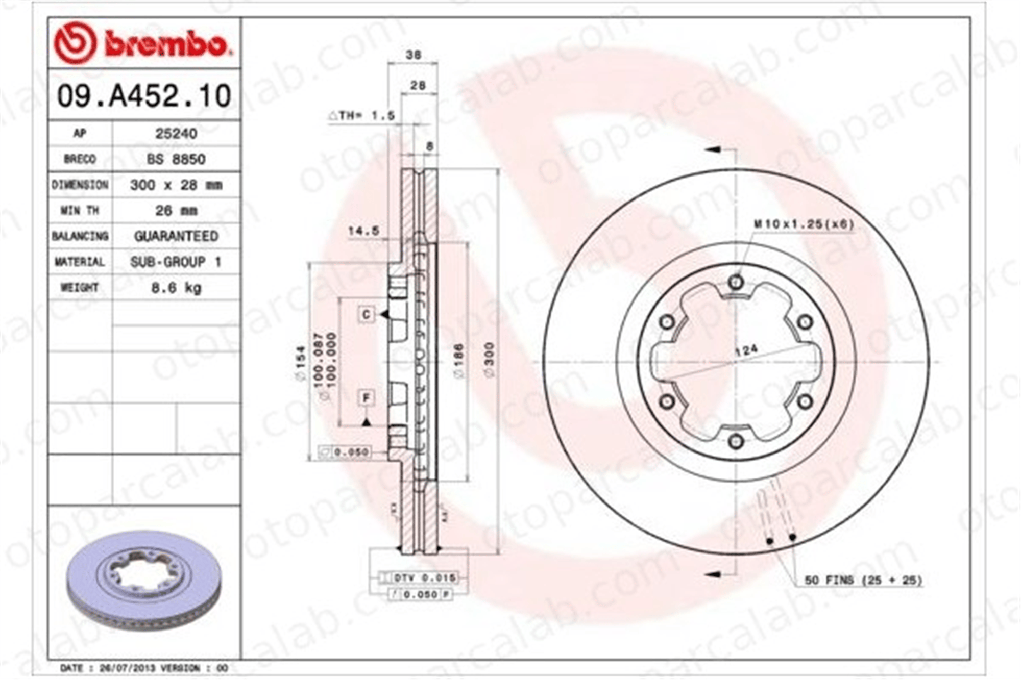 BREMBO 09.A452.10 Fren Disk Ayna Ön Sağ ve Sol NISSAN PICK UP PATHFINDER II 402061W600 40206VE800