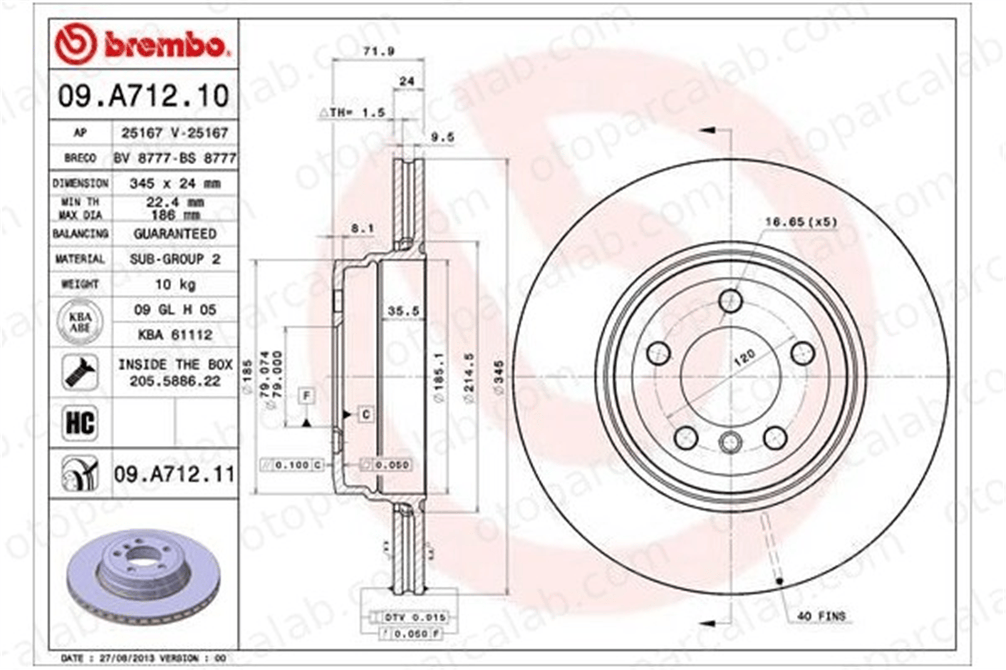 BREMBO 09.A712.11 Fren Disk Ayna Arka Sağ ve Sol BMW 7 34216765889 34216864054