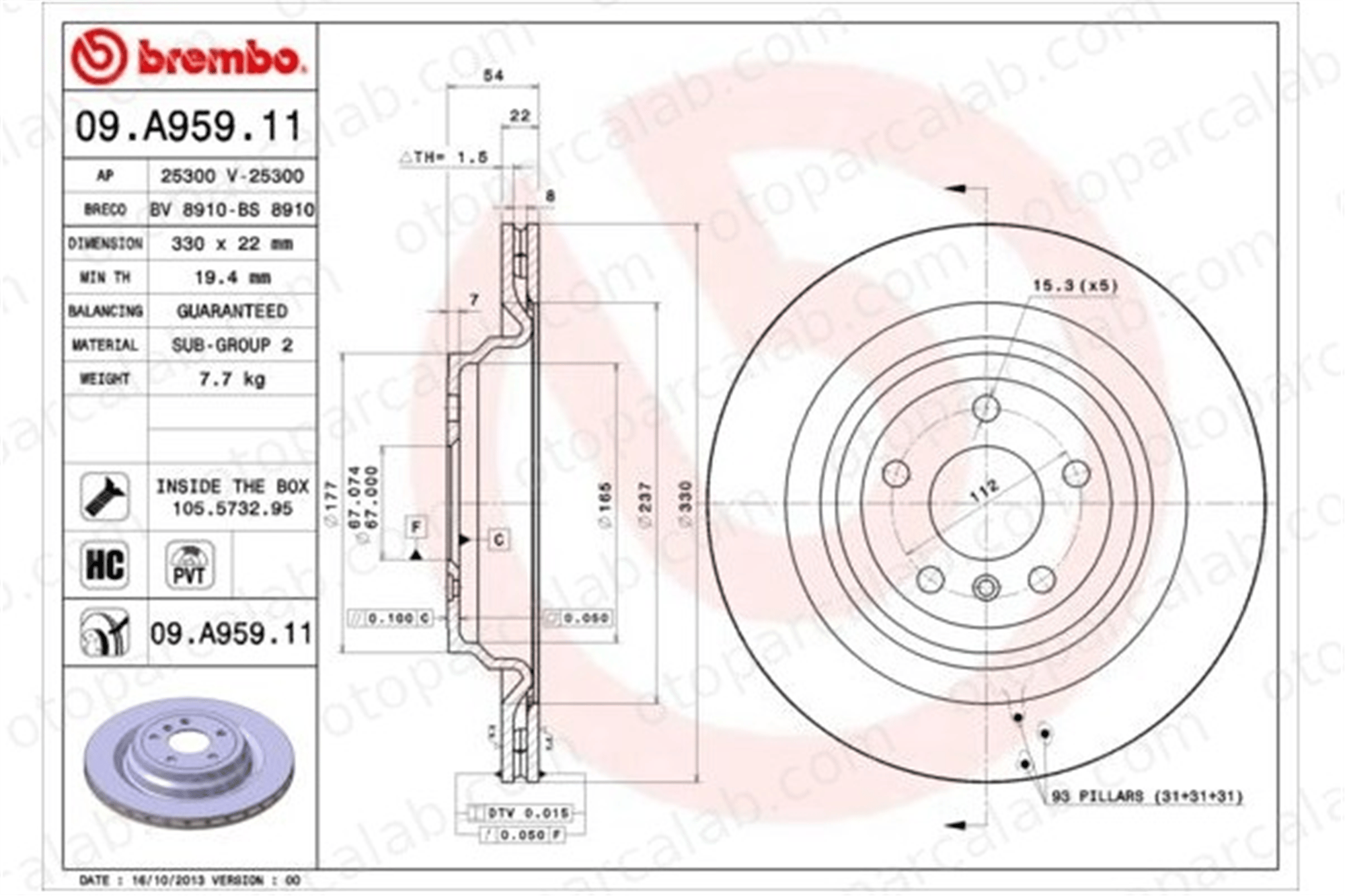 BREMBO 09.A959.11 Fren Disk Ayna Arka Sağ ve Sol MERCEDES-BENZ GLE Coupe GLE A1664230600 A1664230112