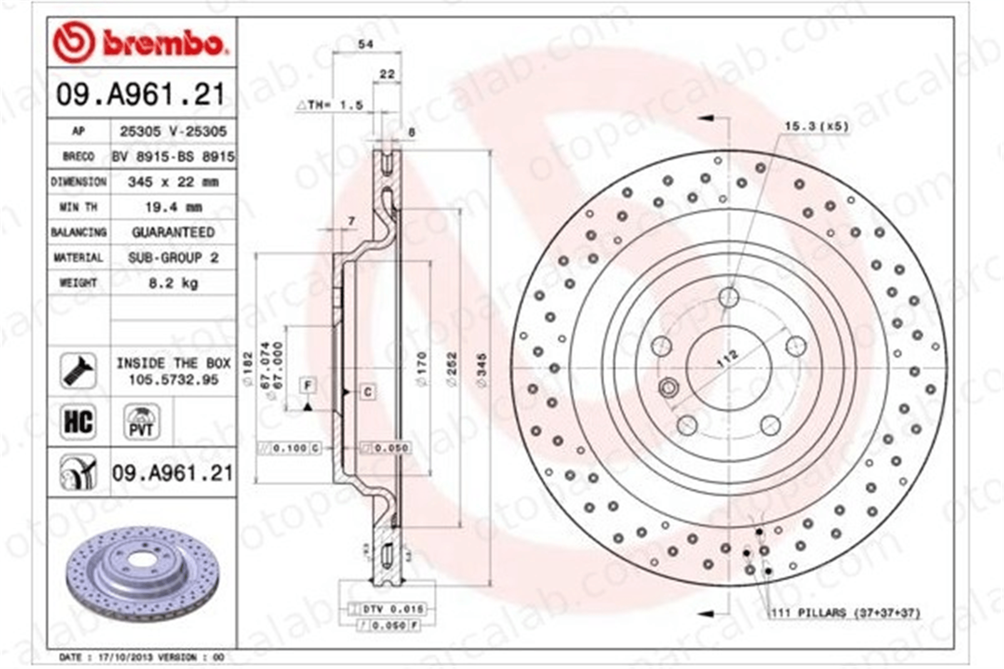 BREMBO 09.A961.21 Fren Disk Ayna Arka Sağ ve Sol MERCEDES-BENZ GLE M-SERISI A1664230312 1664230312