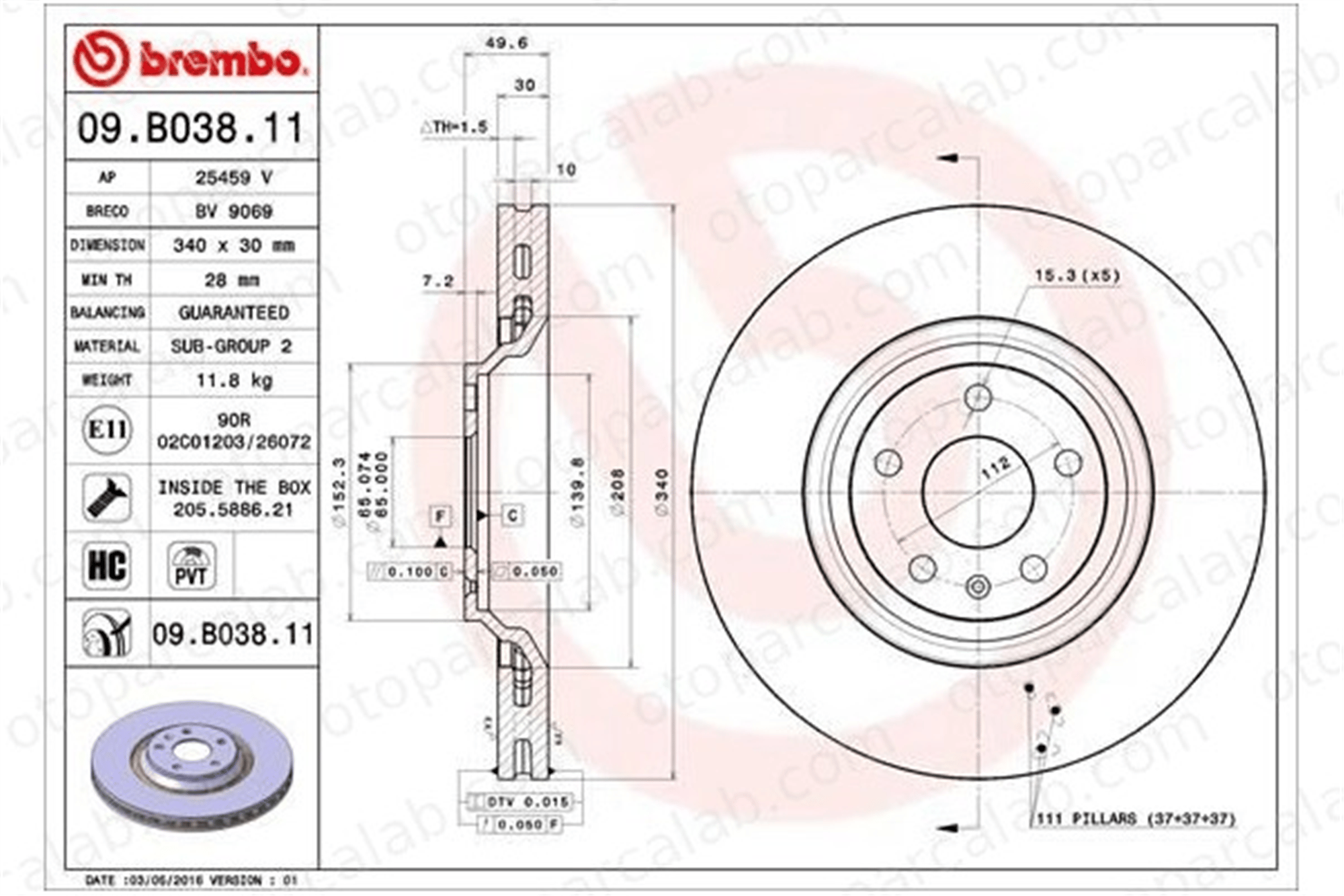 BREMBO 09.B038.11 Fren Disk Ayna Ön Sağ ve Sol AUDI TT TT Roadster 8J0615301G 8J0615301