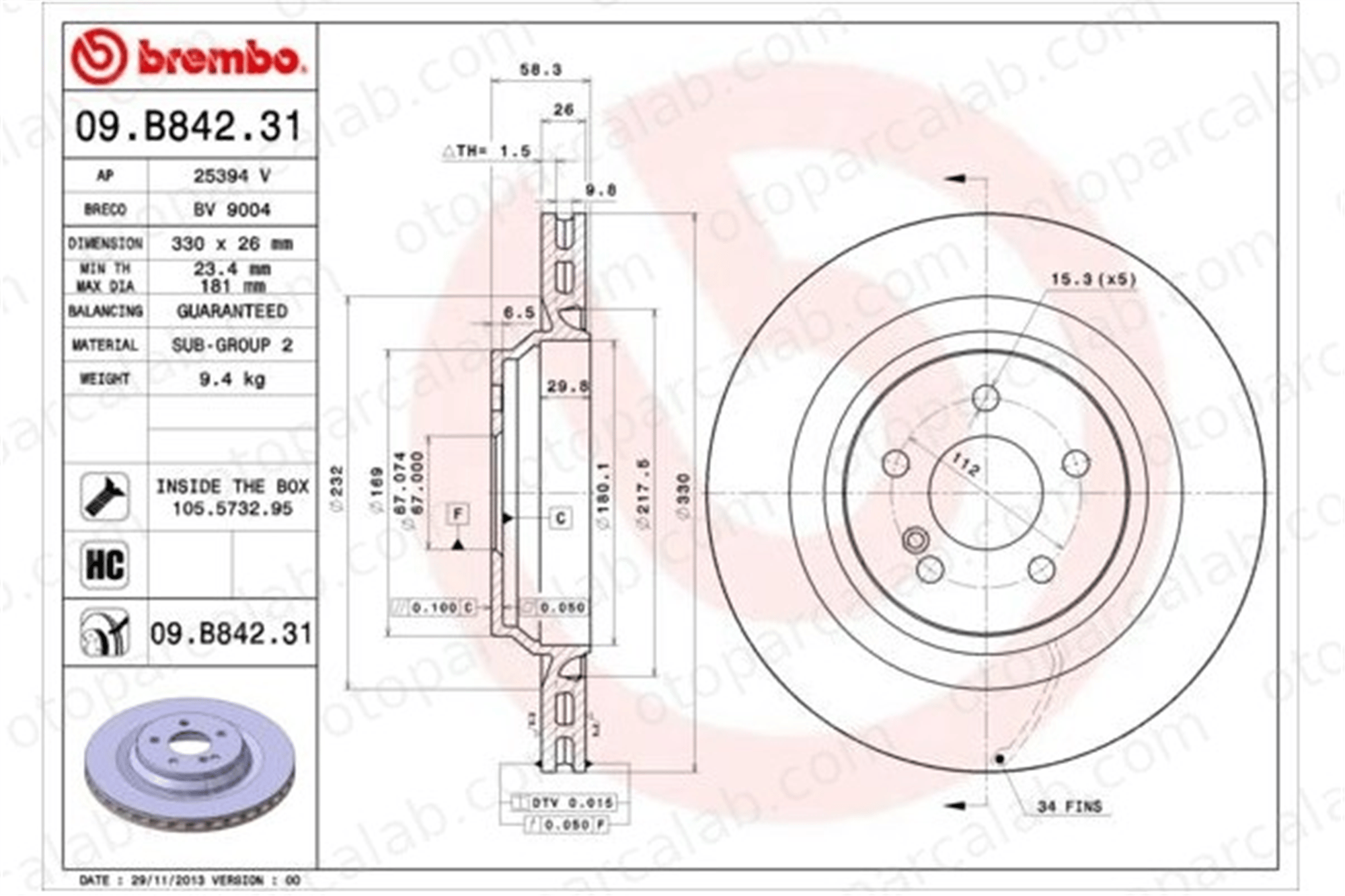 BREMBO 09.B842.31 Fren Disk Ayna Arka Sağ ve Sol MERCEDES-BENZ SL S-SERISI Coupe A2304230812 2304230812