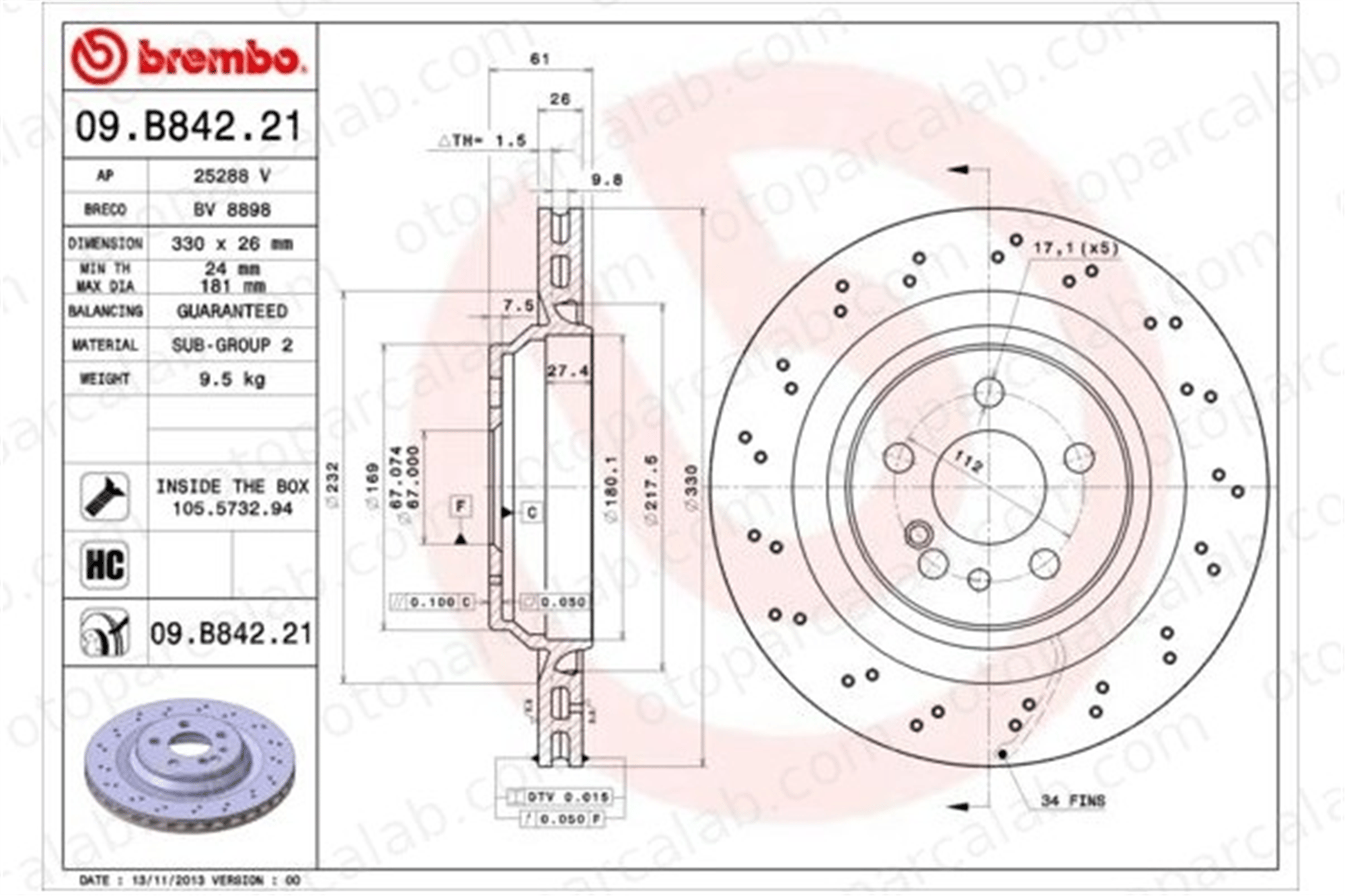 BREMBO 09.B842.21 Fren Disk Ayna Arka Sağ ve Sol MERCEDES-BENZ S-SERISI S-SERISI Coupe A2204230912 2204230912