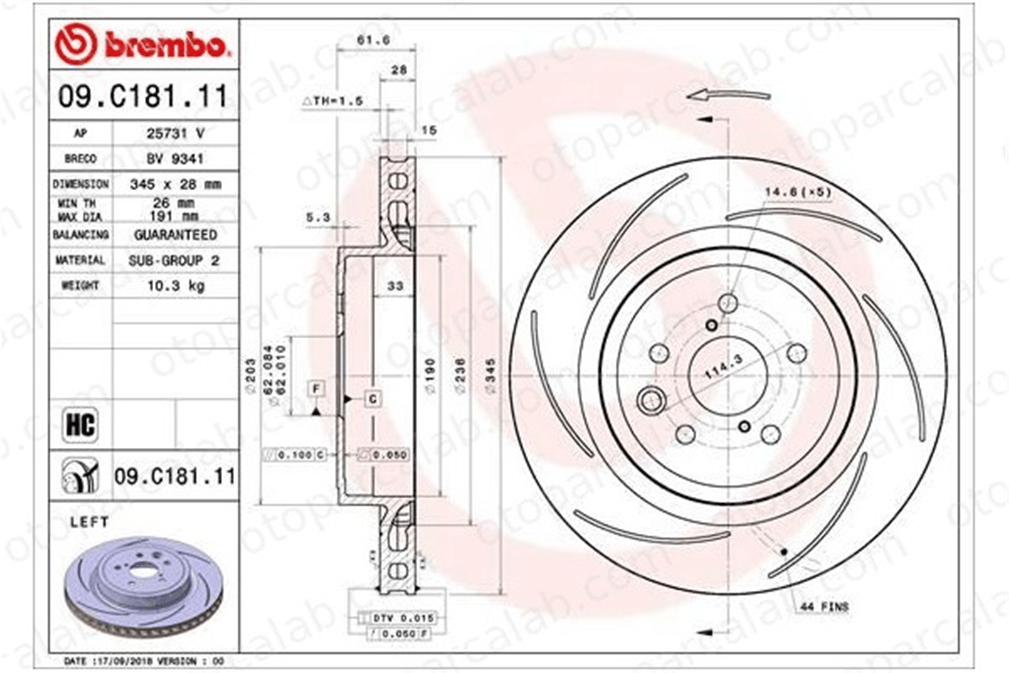 BREMBO 09.C181.11 Fren Disk Ayna Arka Sağ ve Sol LEXUS RC GS 424320W010