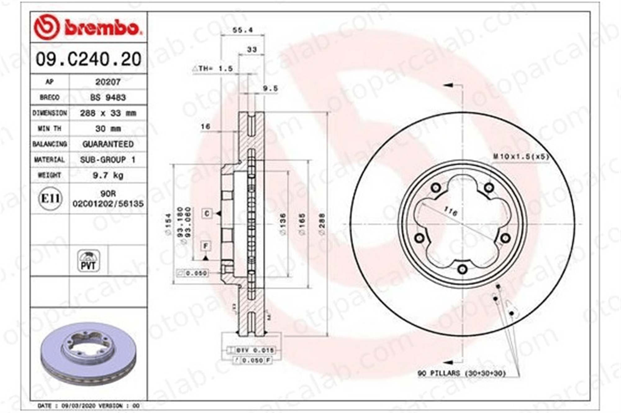 BREMBO 09.C240.20 Fren Disk Ayna Ön Sağ ve Sol FORD TRANSIT CUSTOM V362 Panelvan/Van TRANSIT V363 Panelvan/Van BK211125HA BK211125GA