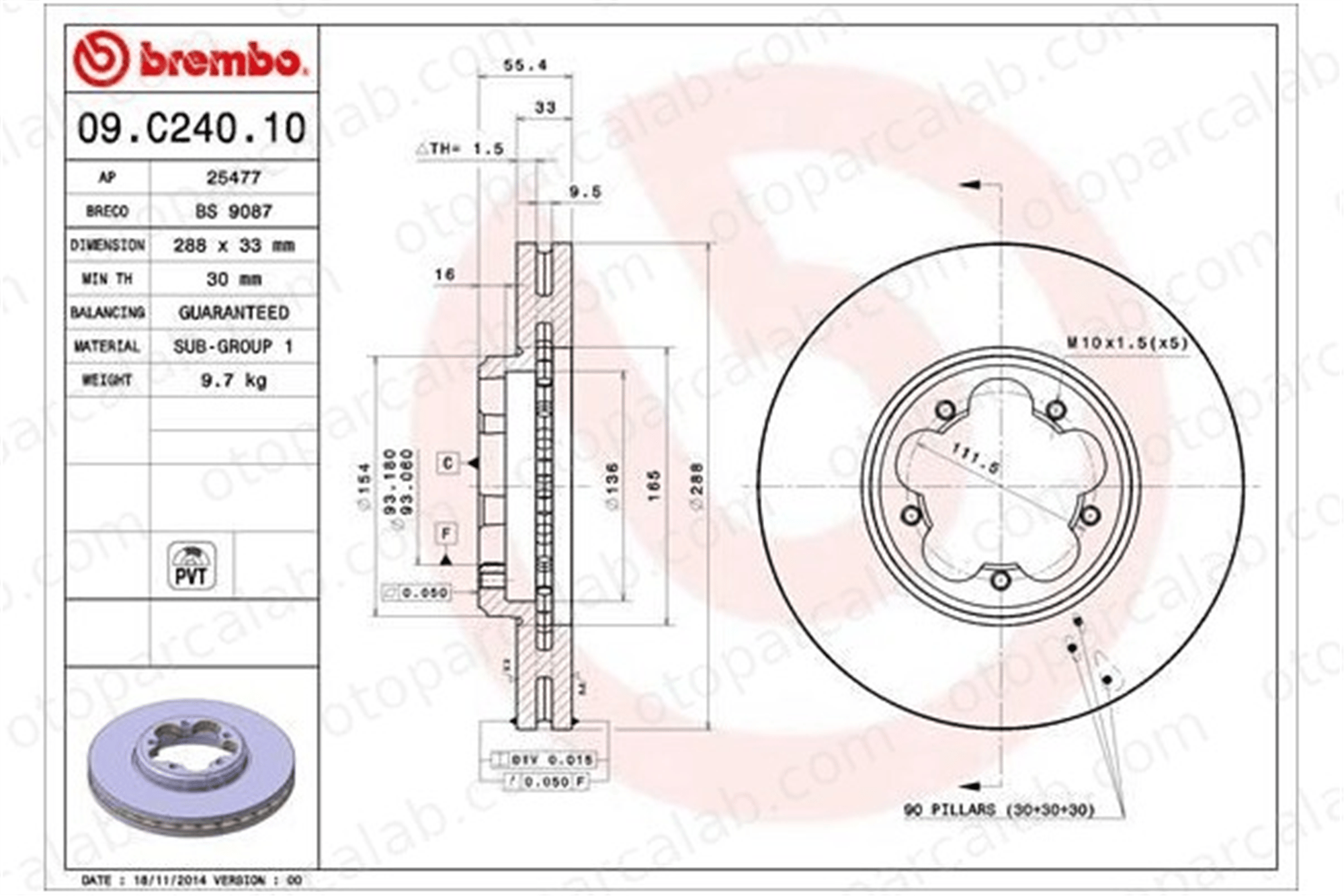 BREMBO 09.C240.10 Fren Disk Ayna Ön Sağ ve Sol FORD TRANSIT V363 Platform şasi TOURNEO CUSTOM V362 Minibüs/Otobüs BK211125B1D BK211125BD