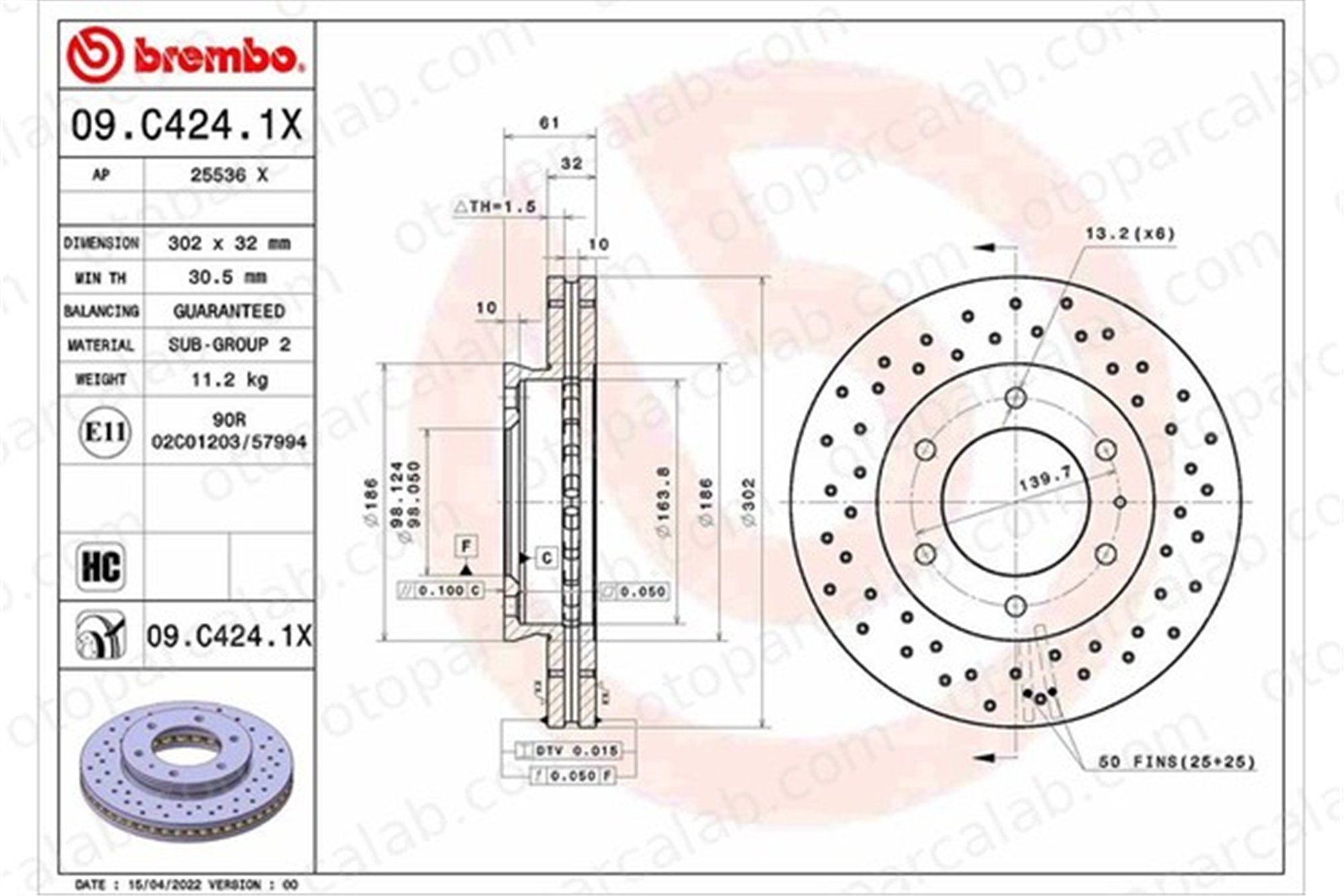 BREMBO 09.C424.1X Fren Disk Ayna Ön Sağ ve Sol FORD RANGER AB311125AA AB311125AC