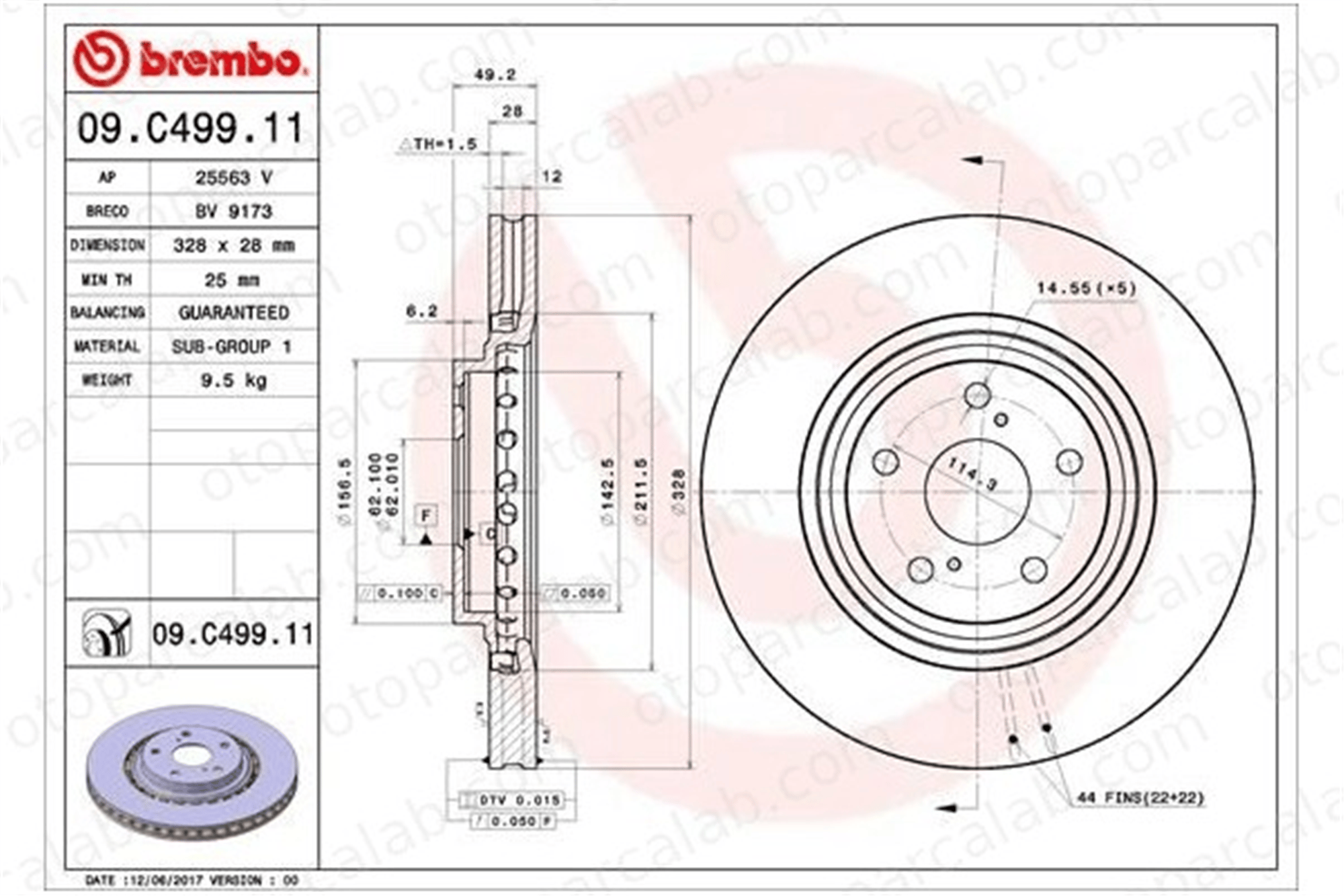 BREMBO 09.C499.11 Fren Disk Ayna Ön Sağ ve Sol TOYOTA RAV 4 IV LEXUS NX 4351248110 435120E030