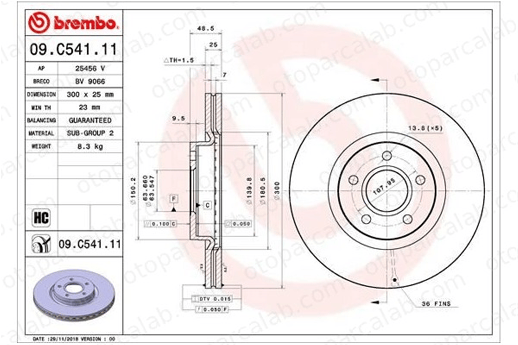 BREMBO 09.C541.11 Fren Disk Ayna Ön Sağ ve Sol FORD TOURNEO CONNECT / GRAND TOURNEO CONNECT V408 MPV TRANSIT CONNECT V408 Kasa/büyük limuzin DV611125CA DV611125EA