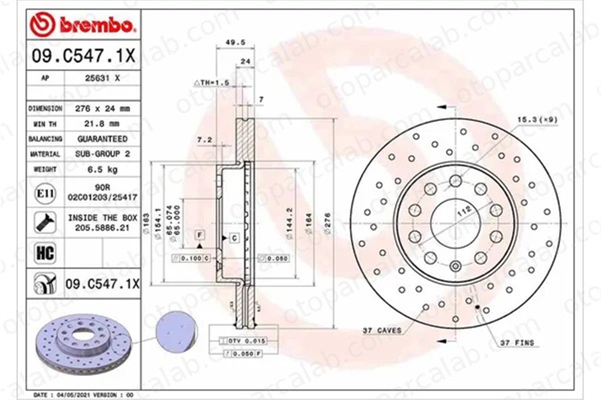 BREMBO 09.C547.1X Fren Disk Ayna Ön Sağ ve Sol VW GOLF VII GOLF VII Variant 5Q0615301A 5Q0615301E
