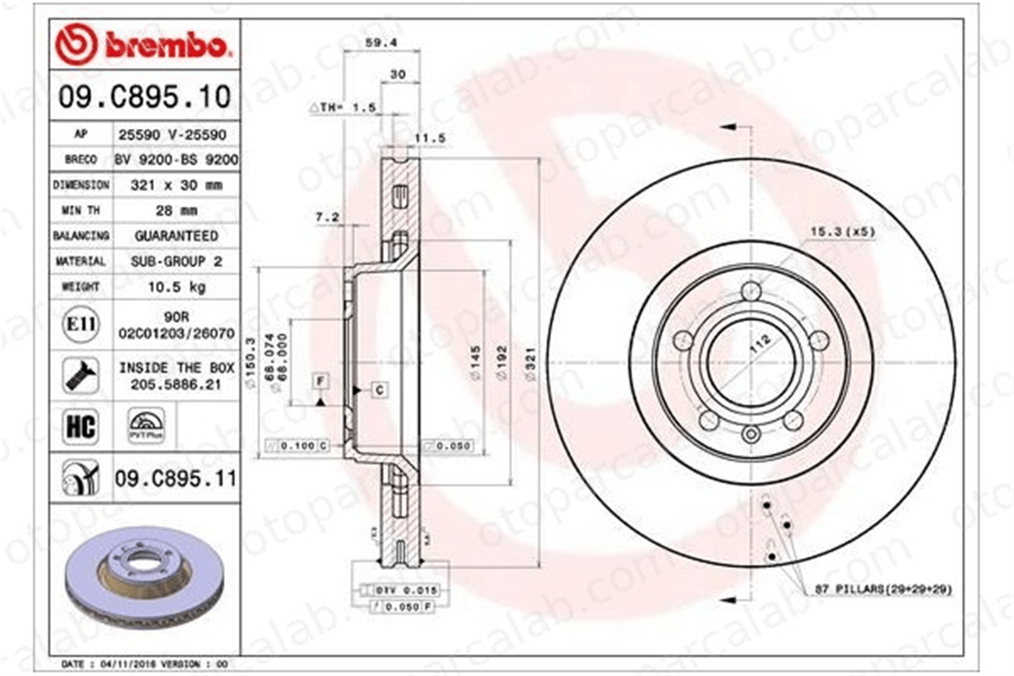 BREMBO 09.C895.11 Fren Disk Ayna Ön Sağ ve Sol AUDI A6 C6 Avant A6 C6 4F0615301E 4E0615301AD