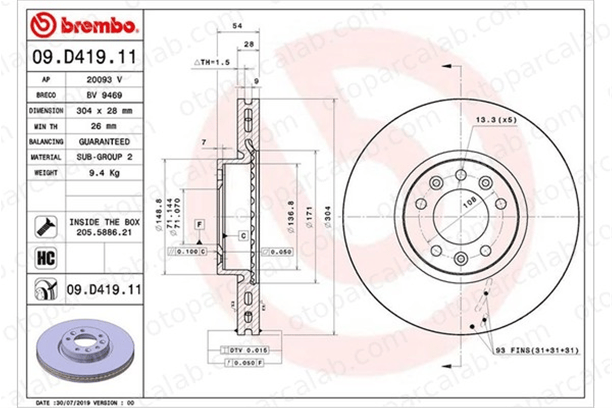 BREMBO 09.D419.11 Fren Disk Ayna Ön Sağ ve Sol CITROËN SPACETOURER Minibüs/Otobüs JUMPY Panelvan/Van 9805260180 1647883380