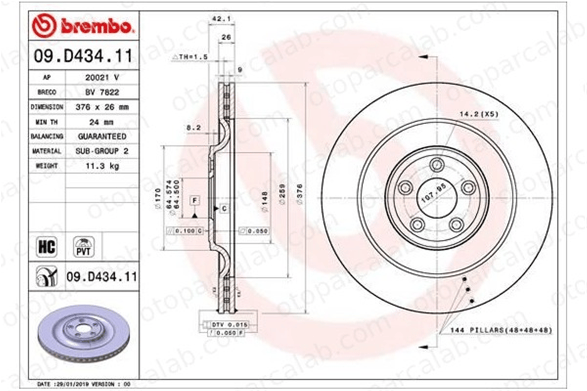 BREMBO 09.D434.11 Fren Disk Ayna Arka Sağ ve Sol JAGUAR F-TYPE Cabrio F-TYPE Coupe T2R5942 C2D61077