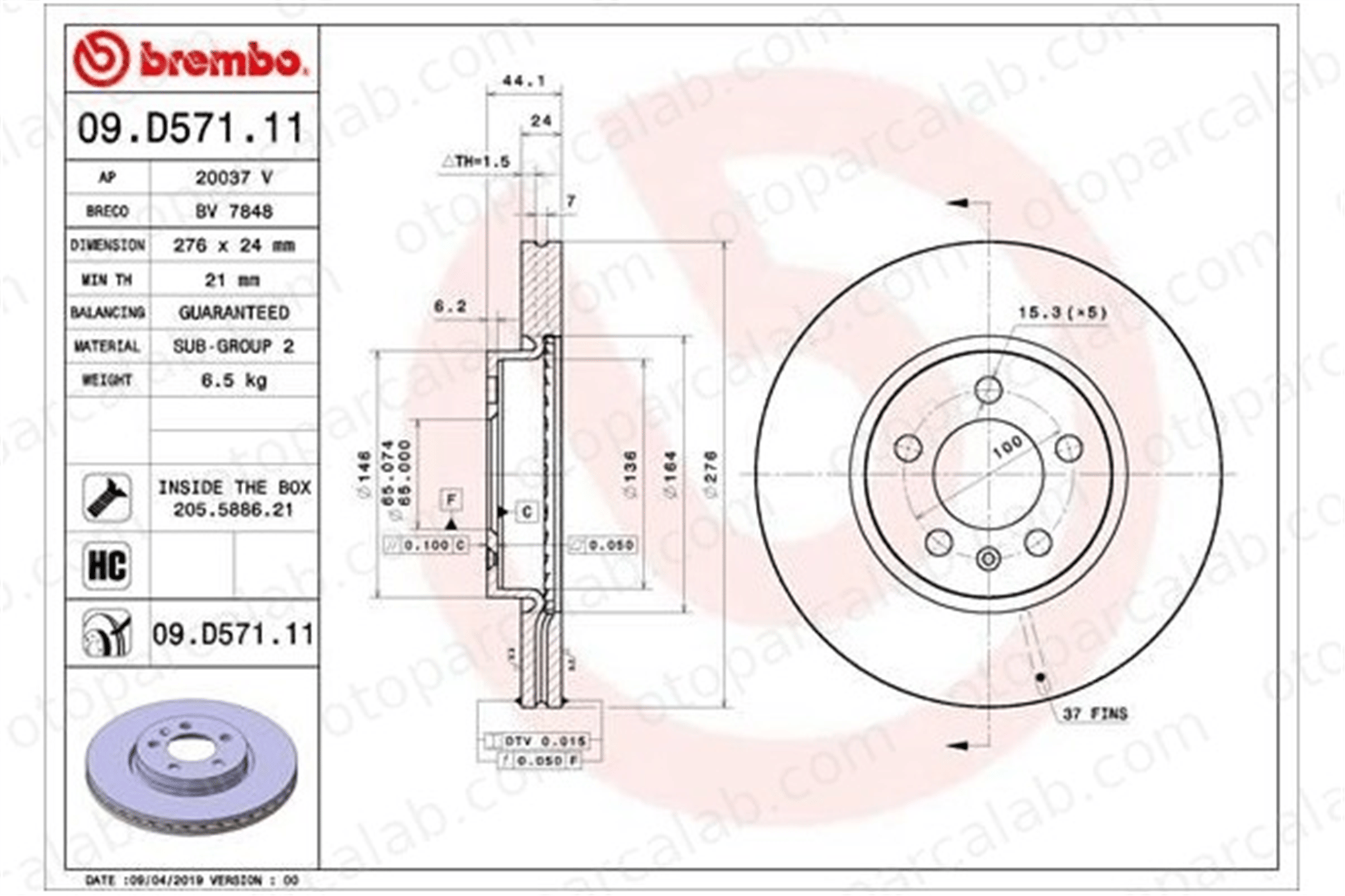 BREMBO 09.D571.11 Fren Disk Ayna Ön Sağ ve Sol SEAT IBIZA V ARONA 2Q0615301H 2QB615301E