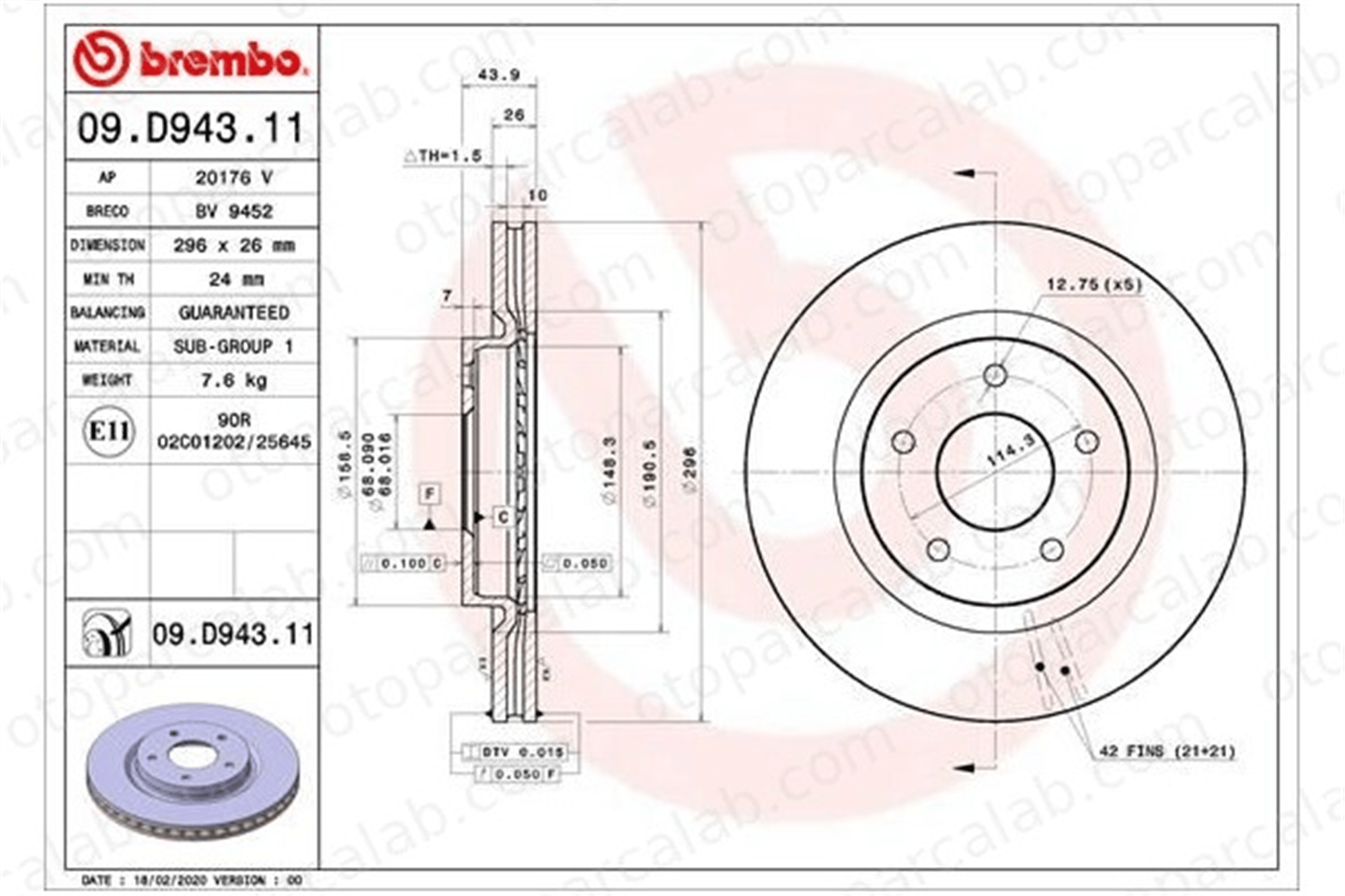 BREMBO 09.D943.11 Fren Disk Ayna Ön Sağ ve Sol RENAULT KOLEOS II 402065HA0A 402064BT0B