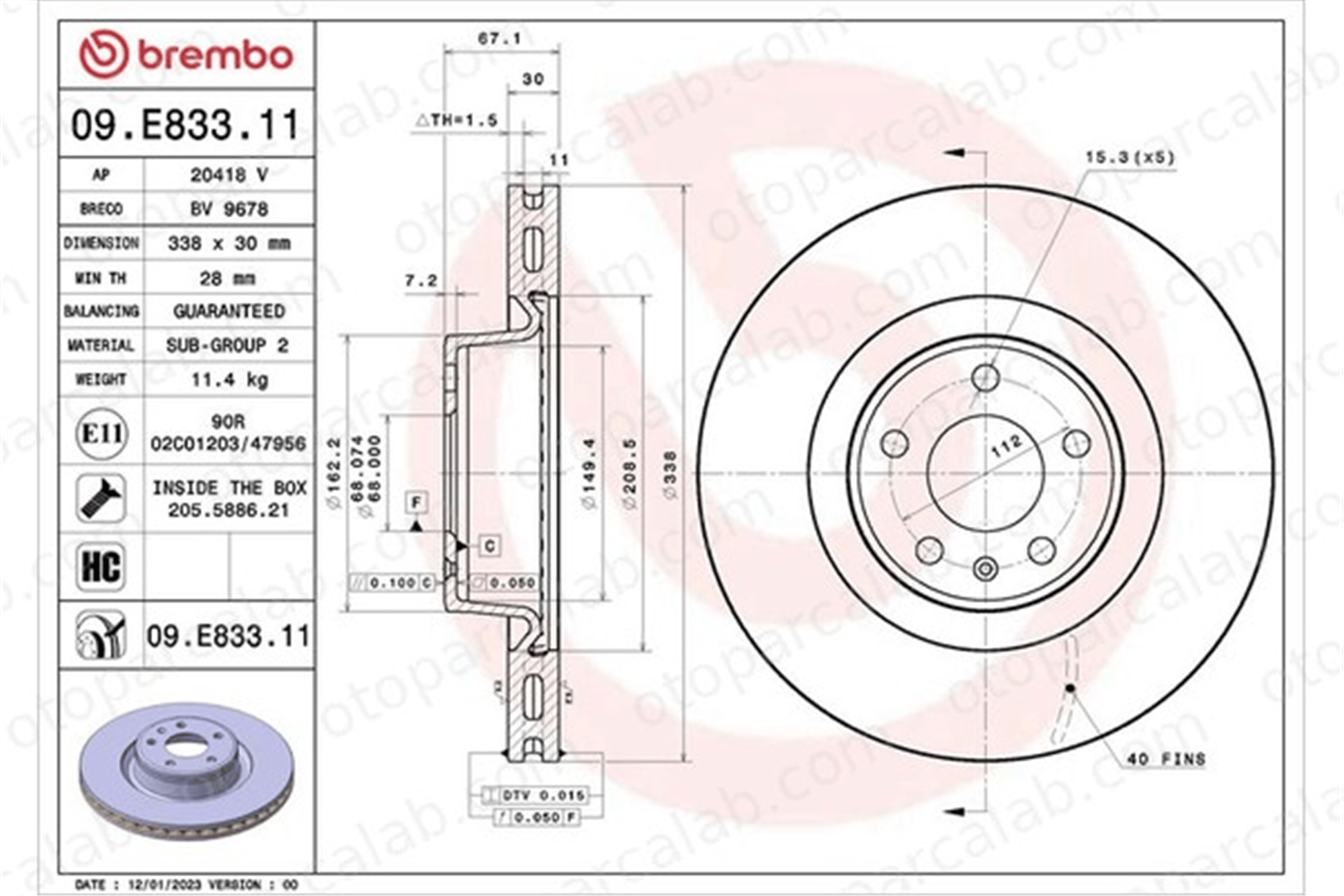 BREMBO 09.E833.11 Fren Disk Ayna Ön Sağ ve Sol AUDI A6 Allroad C8 4K0615301E