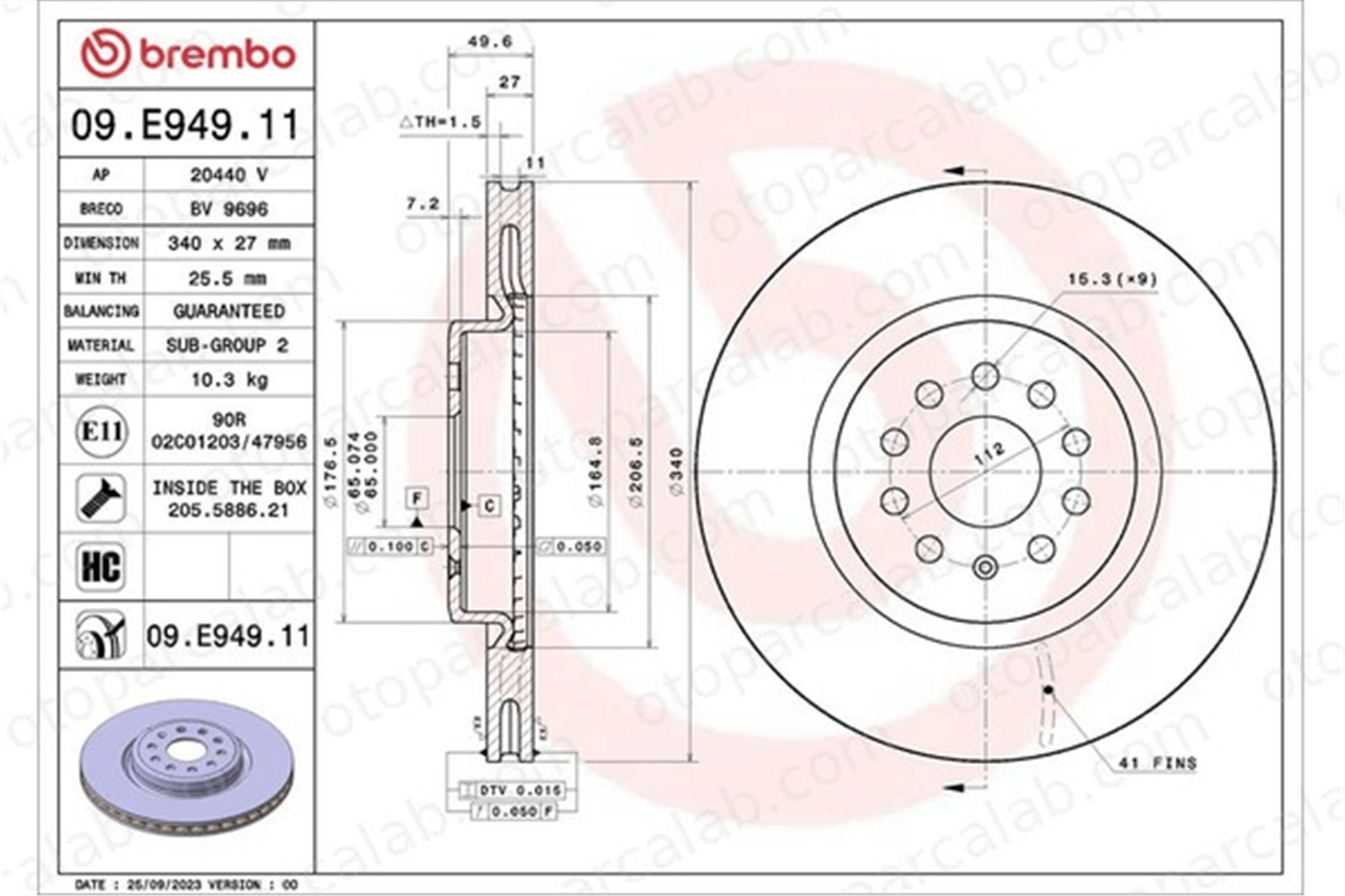 BREMBO 09.E949.11 Fren Disk Ayna Ön Sağ ve Sol VW ID.4 CUPRA BORN 1EA615301A